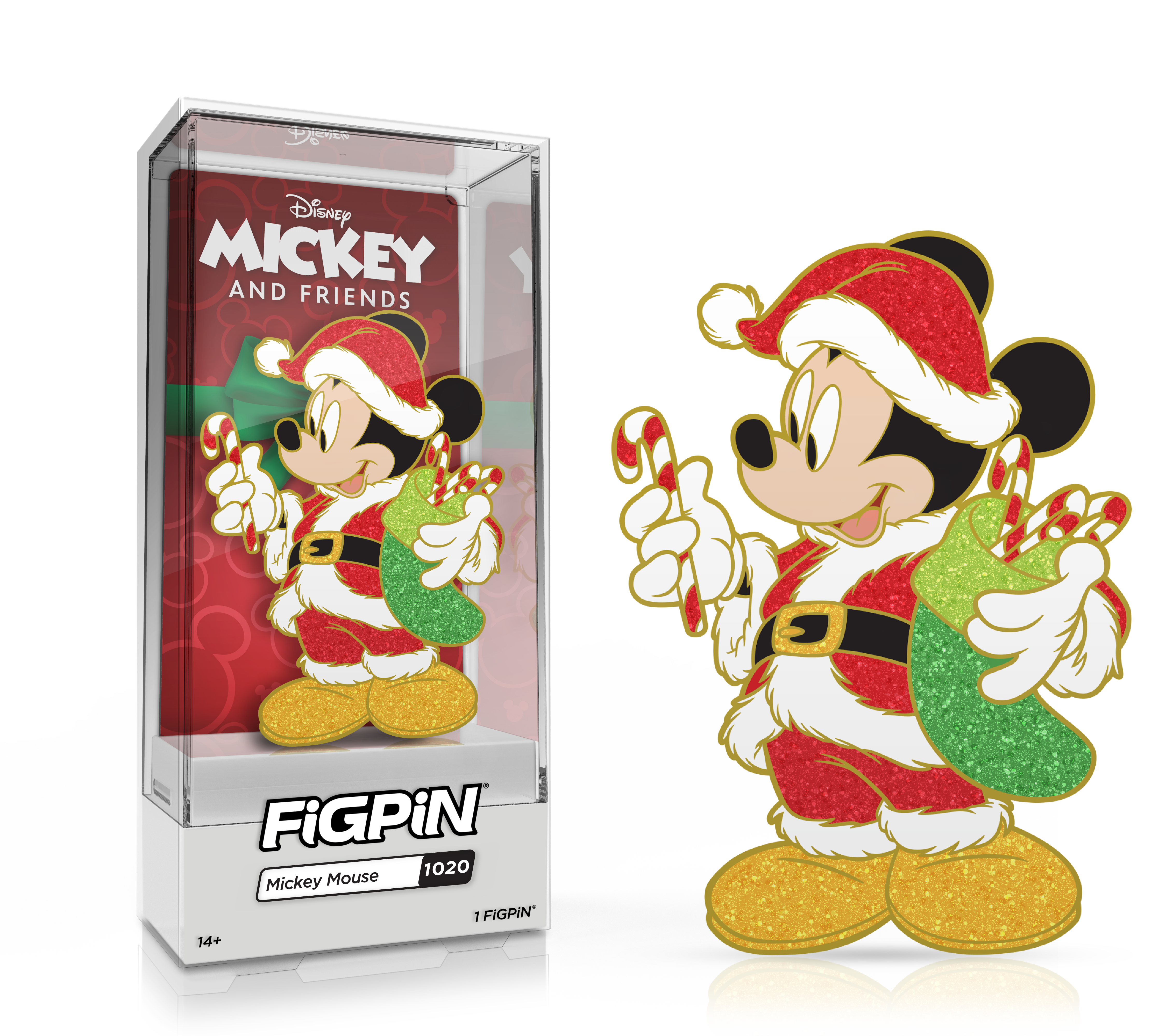 Side by side view of Disney's Mickey Mouse enamel pin in display case and the art render.