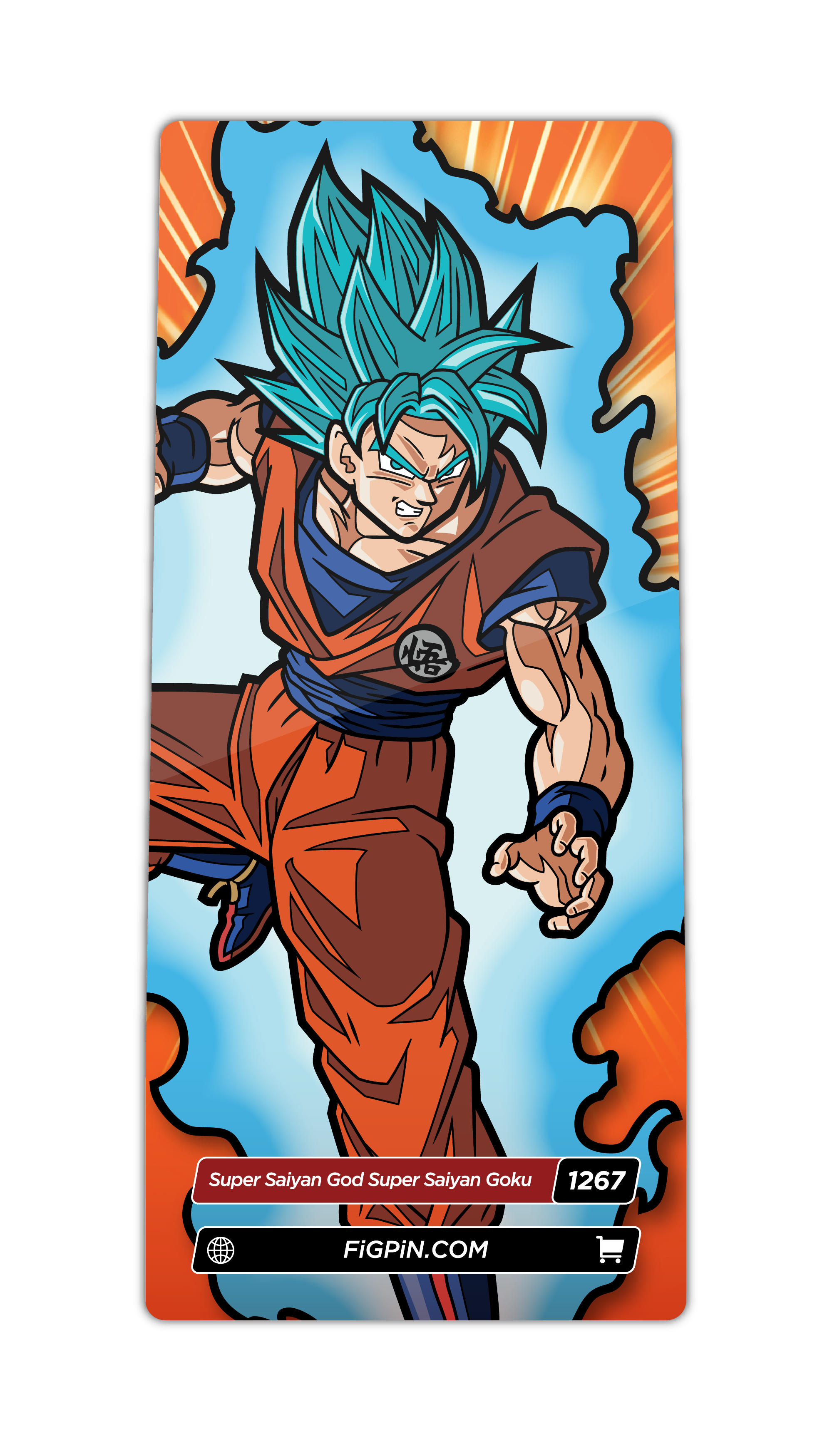 Character card of Dragon Ball Super's Super Saiyan God Super Saiyan Goku with text “Super Saiyan God Super Saiyan Goku (1267)” and link to FiGPiN’s website