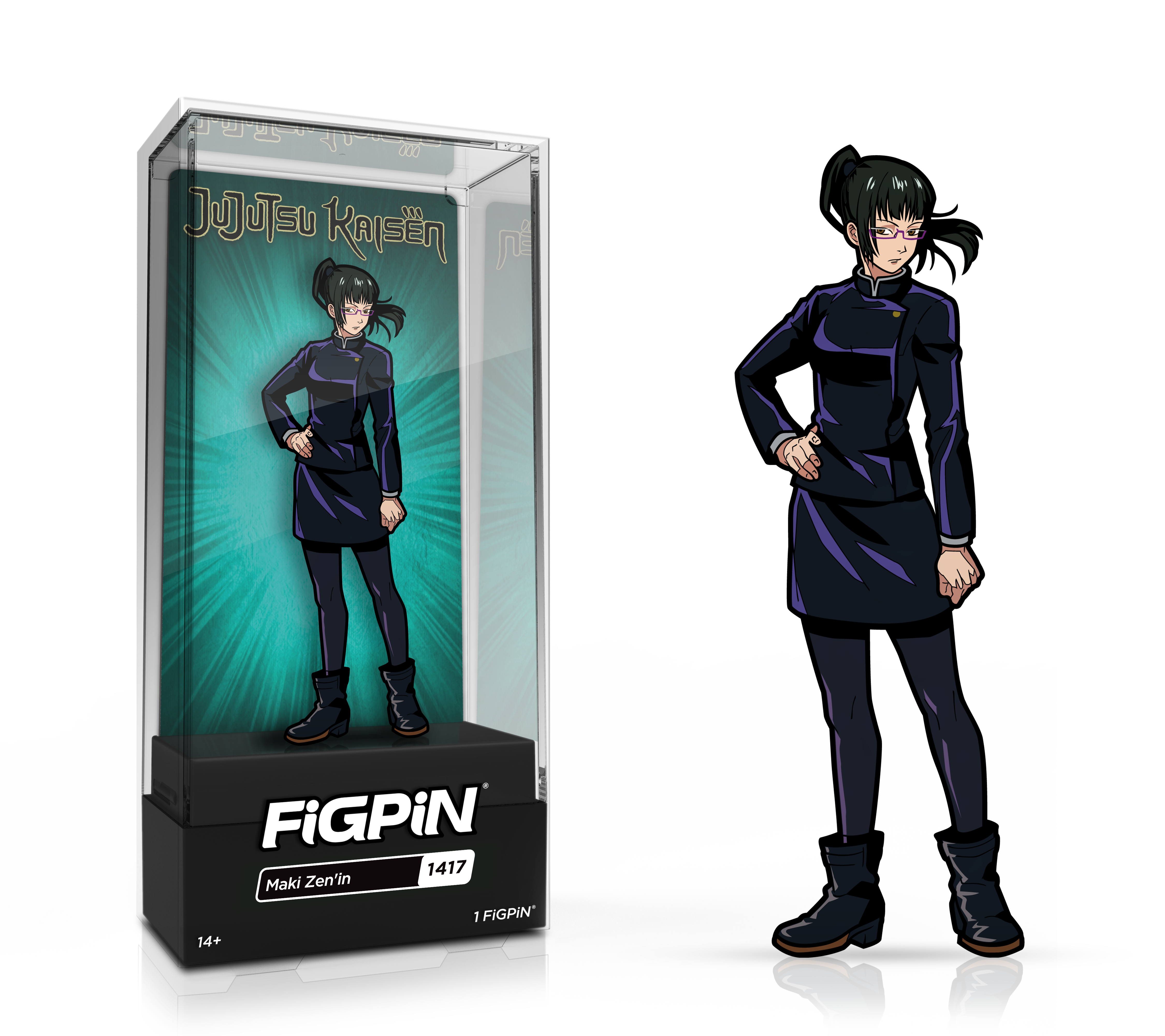Side by side view of the Maki Zen'in enamel pin in display case and the art render.