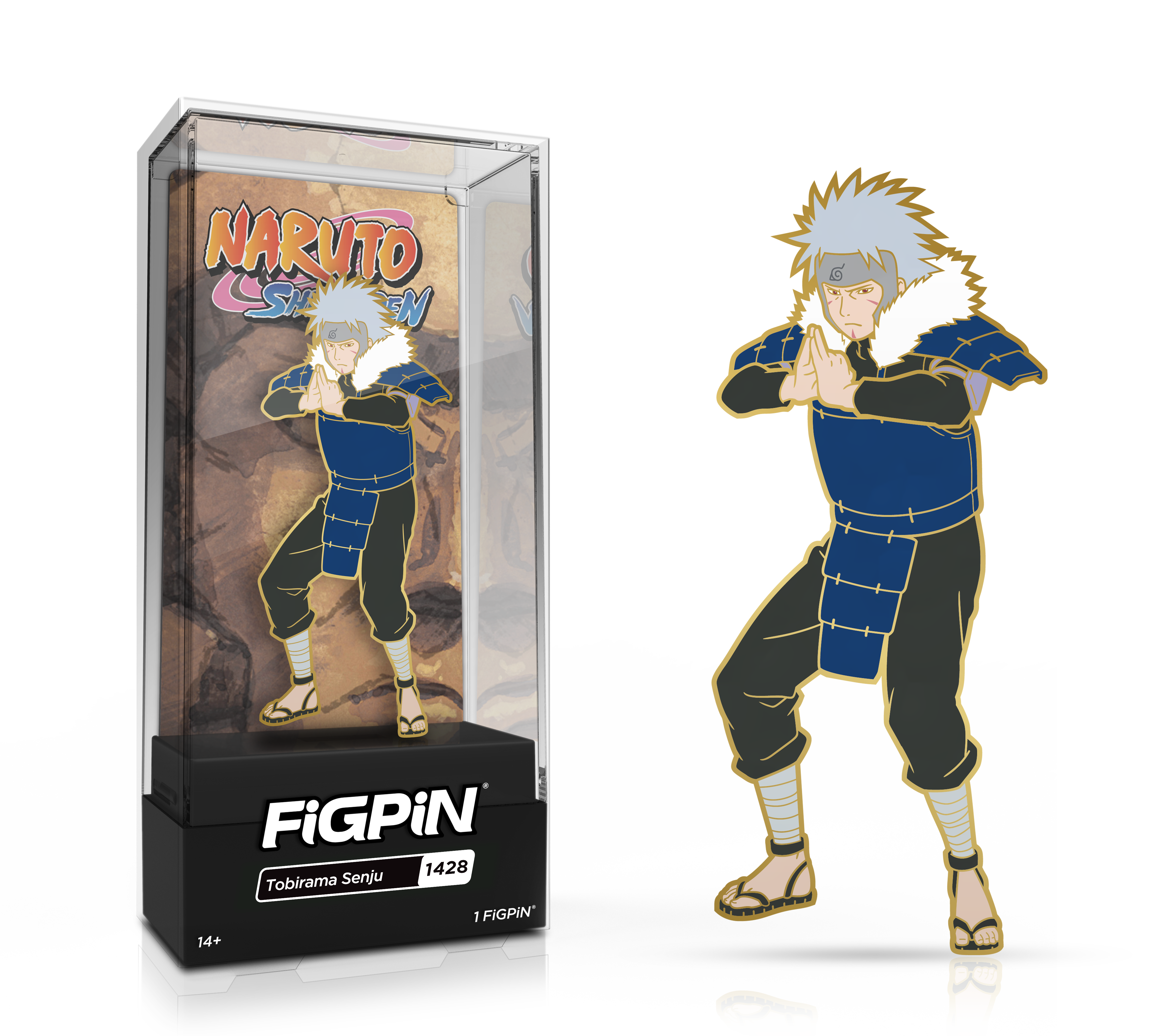 Side by side view of the Tobirama Senju enamel pin in display case and the art render.