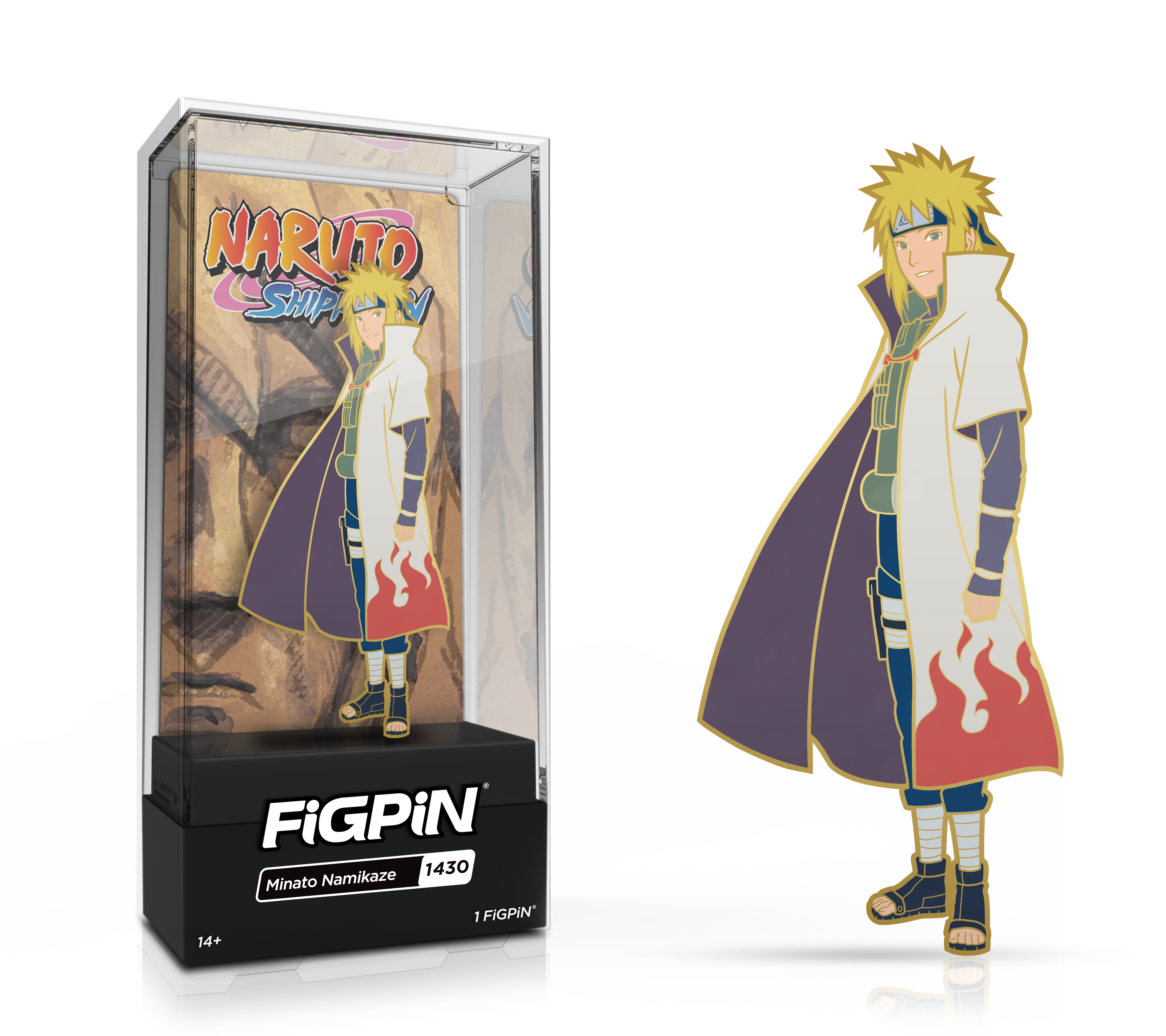 Side by side view of the Minato Namikaze enamel pin in display case and the art render.
