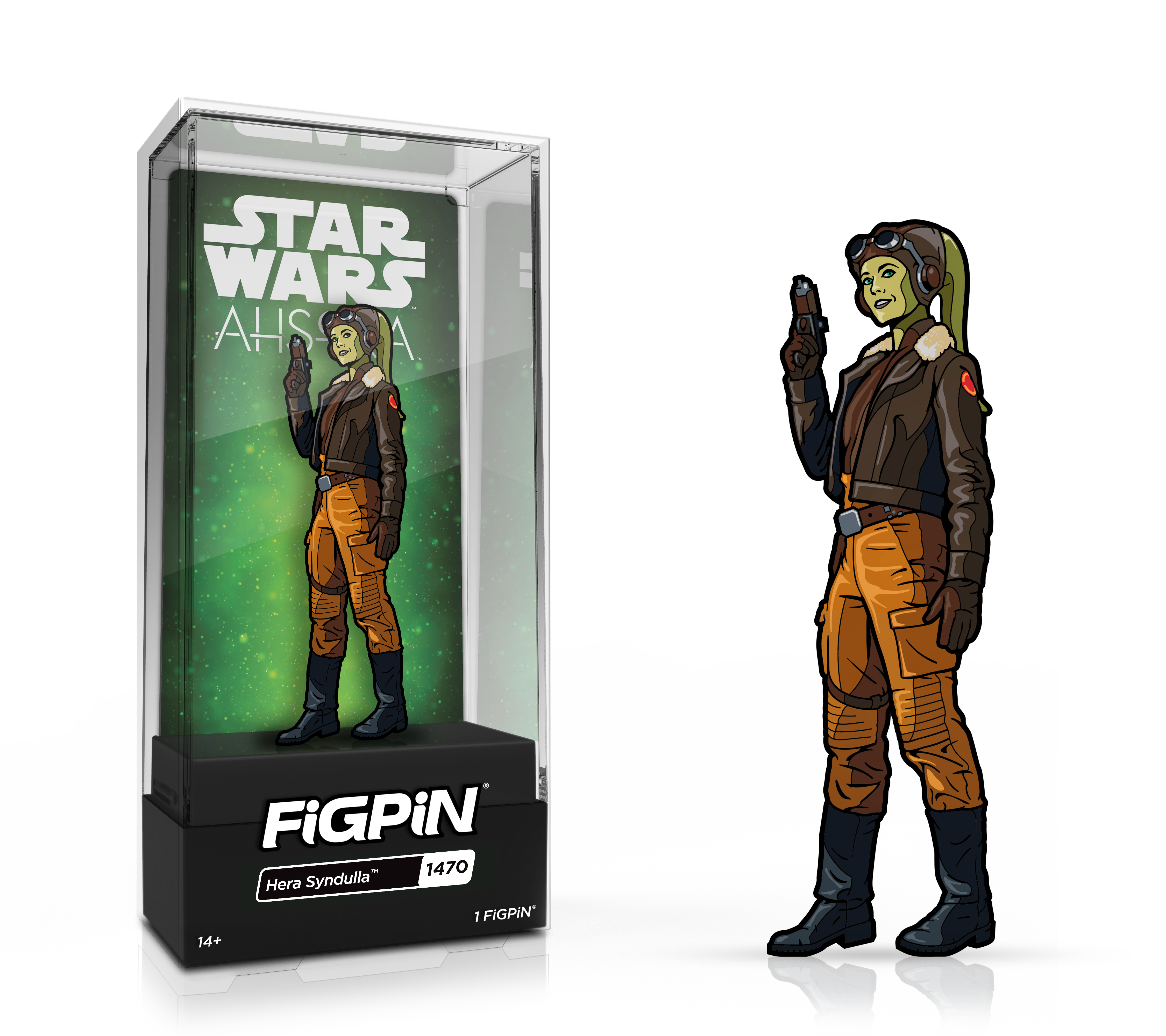 Side by side view of the Hera Syndulla enamel pin in display case and the art render.