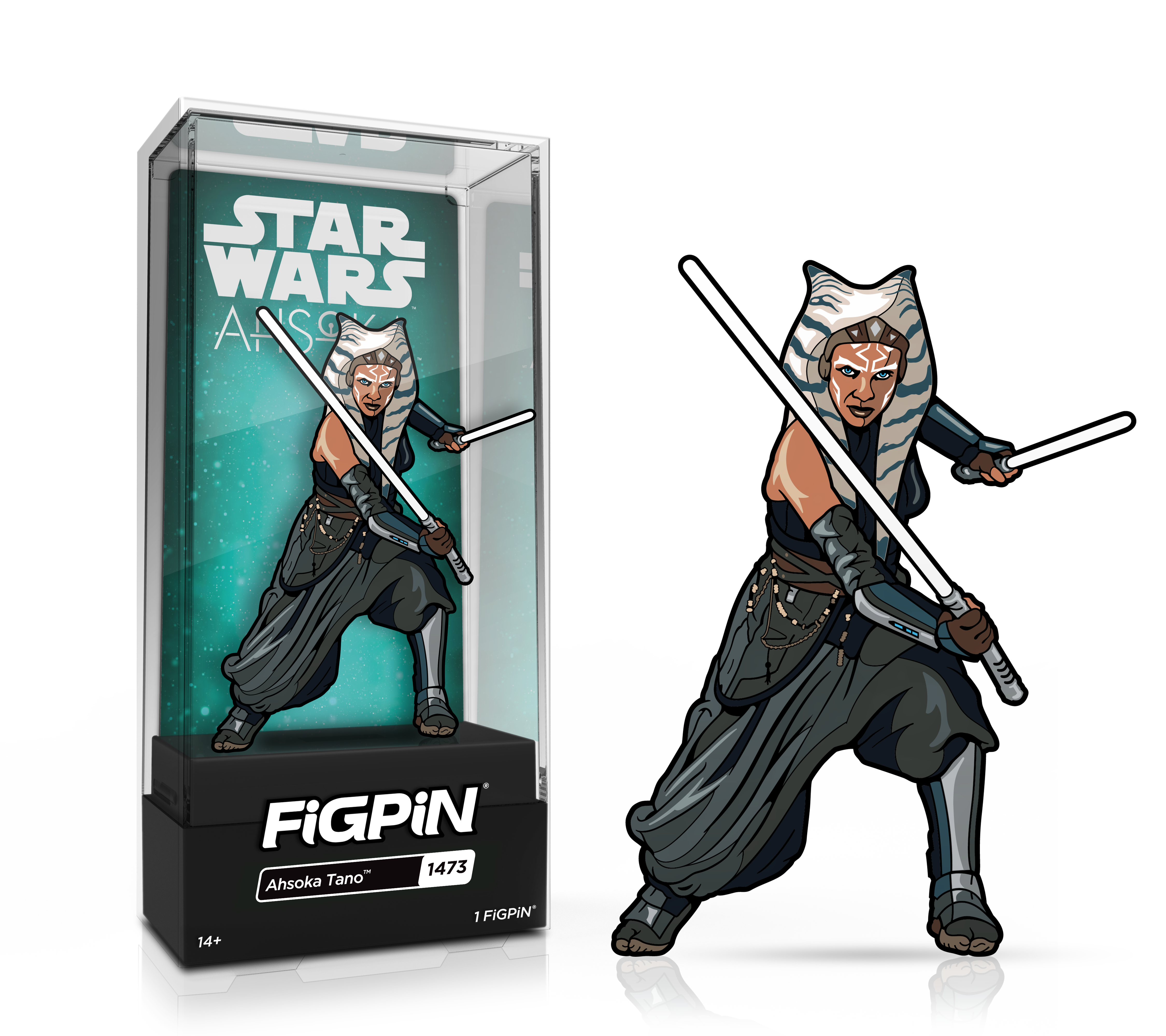 Side by side view of the Ahsoka Tano enamel pin in display case and the art render.