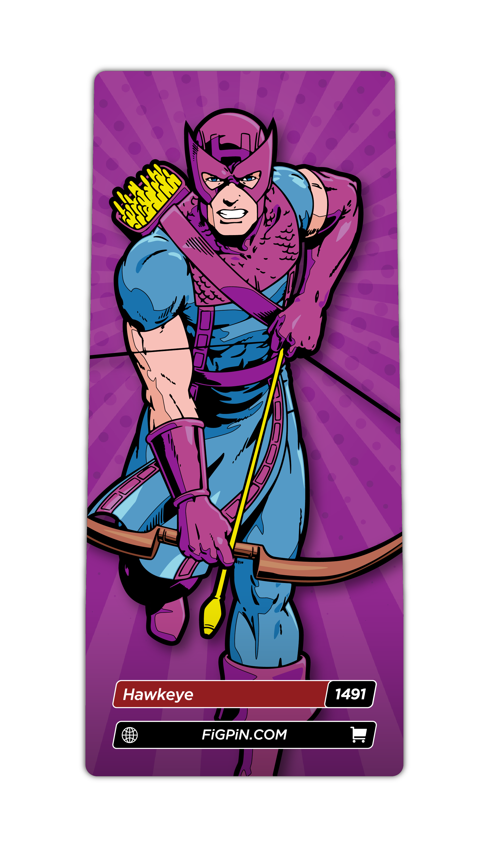 Character card of Marvel's Hawkeye with text “Hawkeye (1491)” and link to FiGPiN’s website