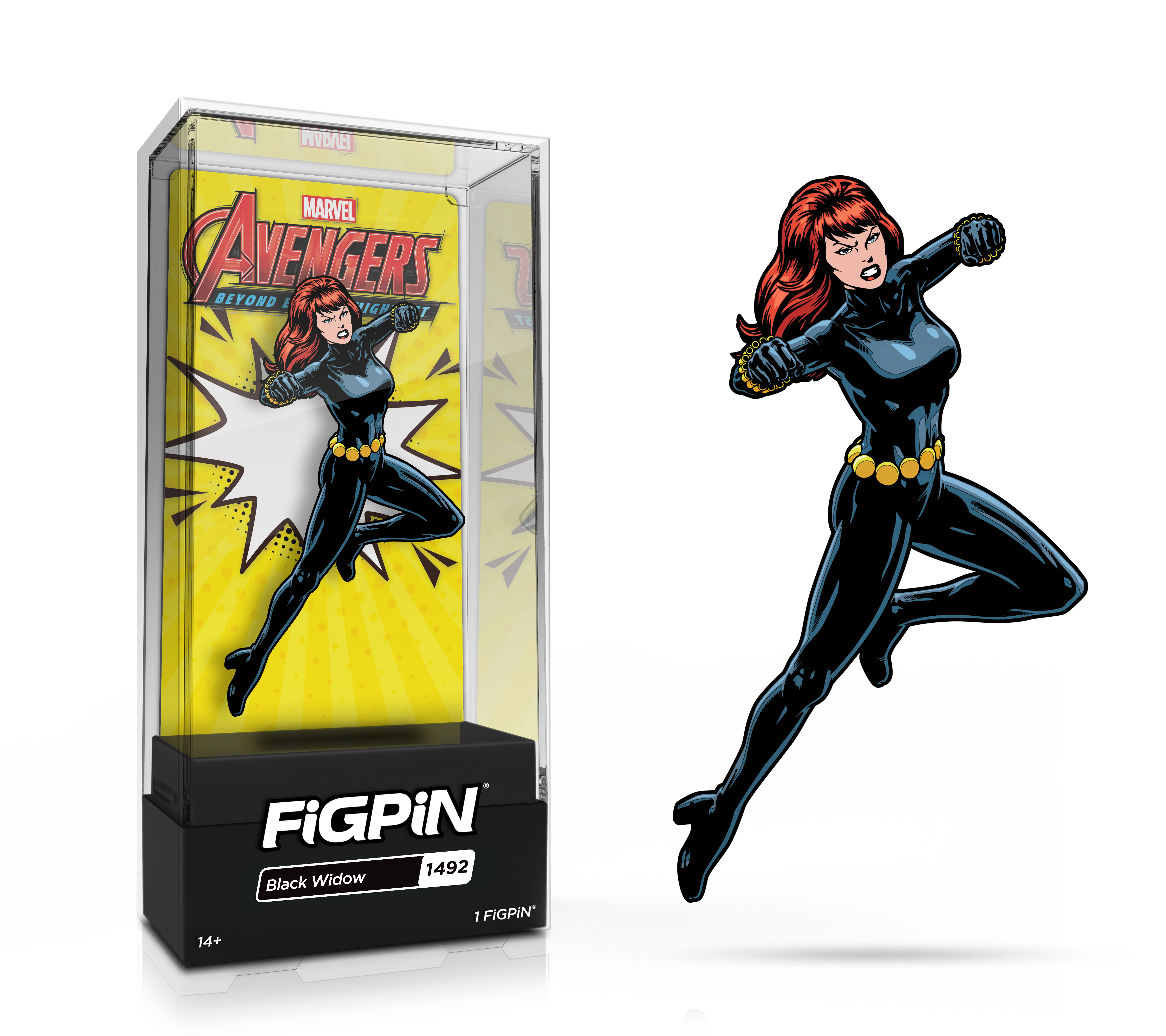 Side by side view of the Black Widow enamel pin in display case and the art render.