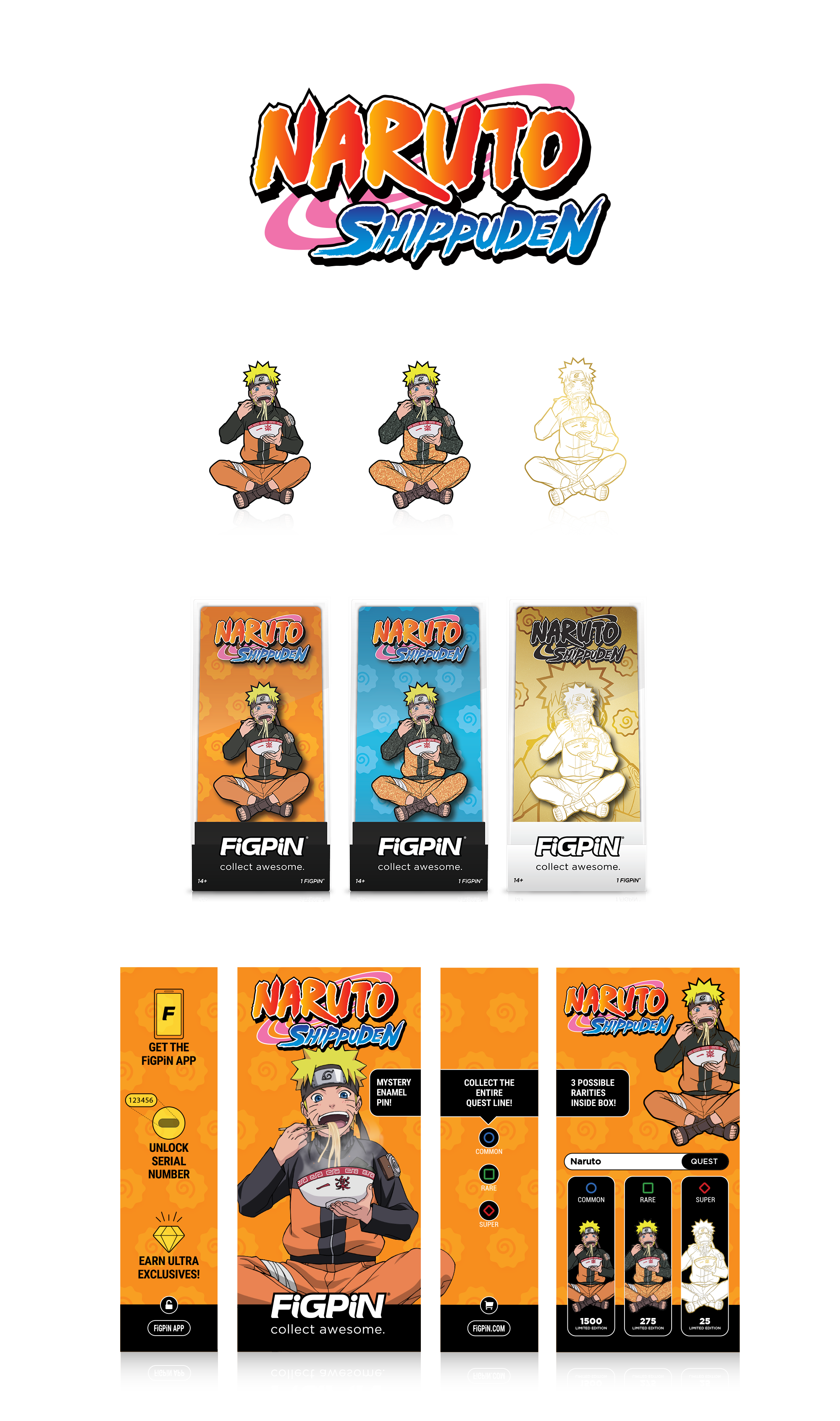 Art Render of Naruto Shippuden's FiGPiN quest, featuring Naruto Uzumaki in three variants and the outside designs of the display cases and the exterior mystery box packaging