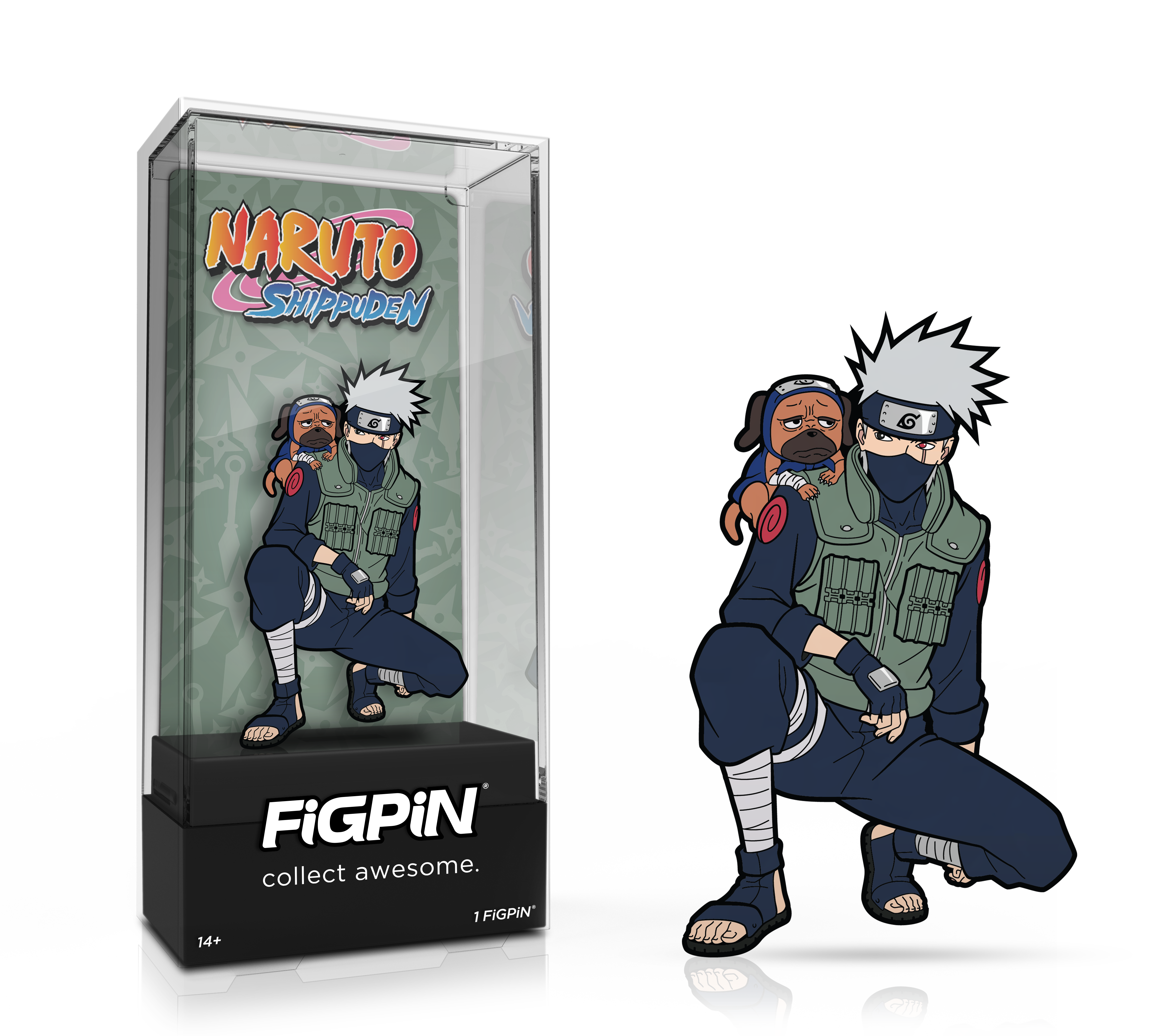 Side by side view of Naruto Shippuden's Kakashi enamel pin in display case and the art render.