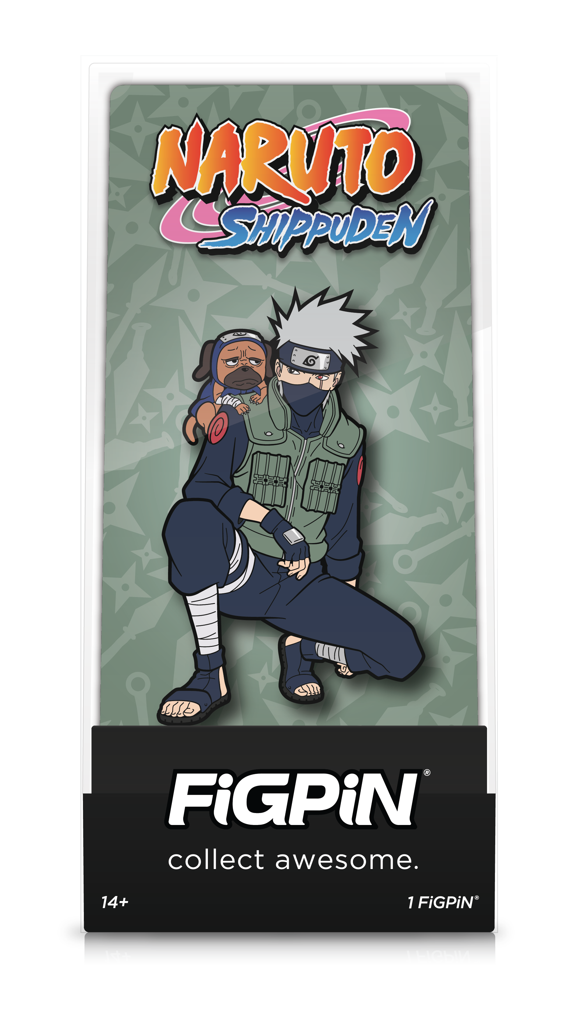 Front view of Naruto Shippuden's Kakashi enamel pin inside FiGPiN Display case reading “collect awesome"