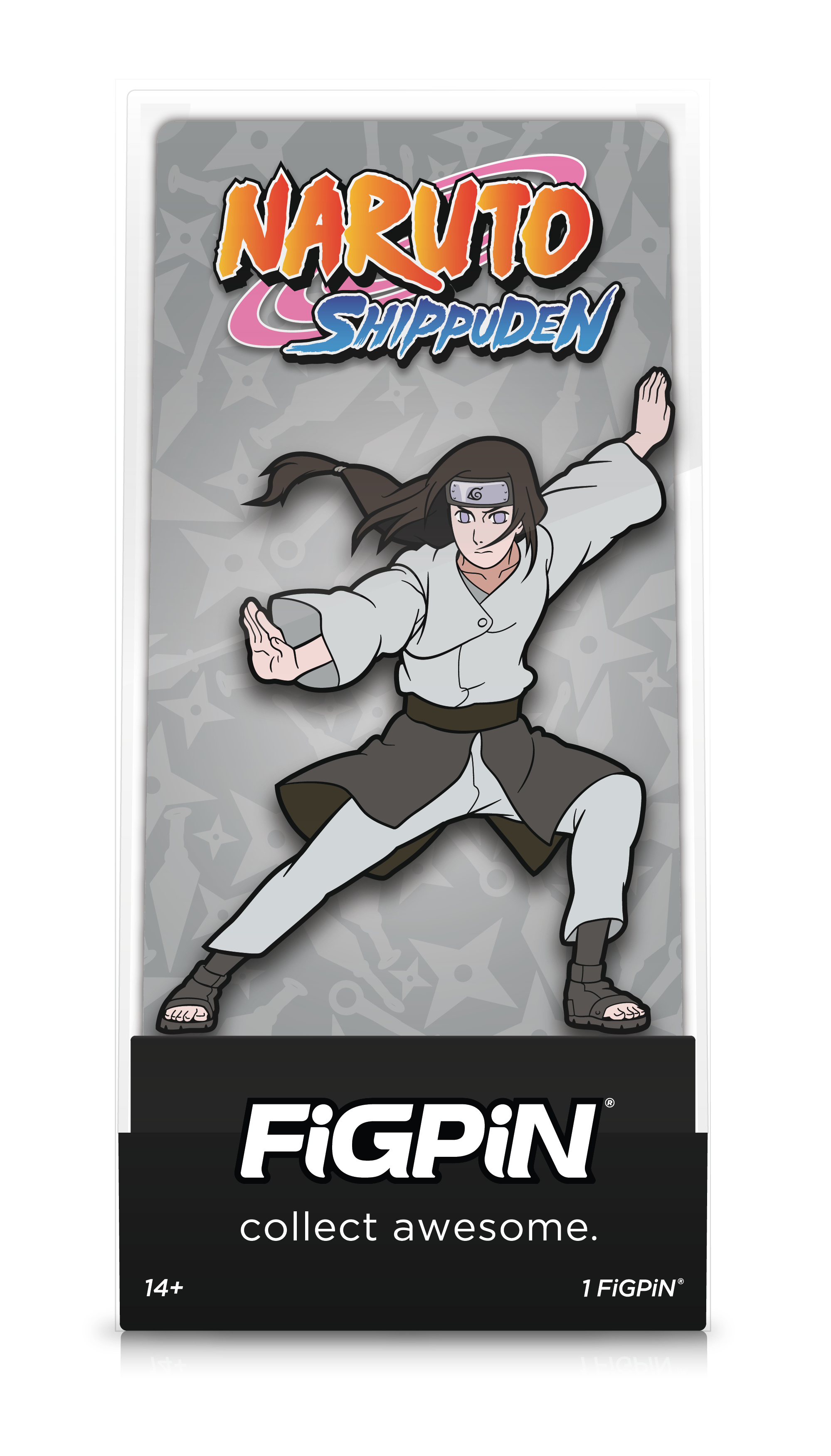 Front view of Naruto Shippuden's Neji enamel pin inside FiGPiN Display case reading “collect awesome"