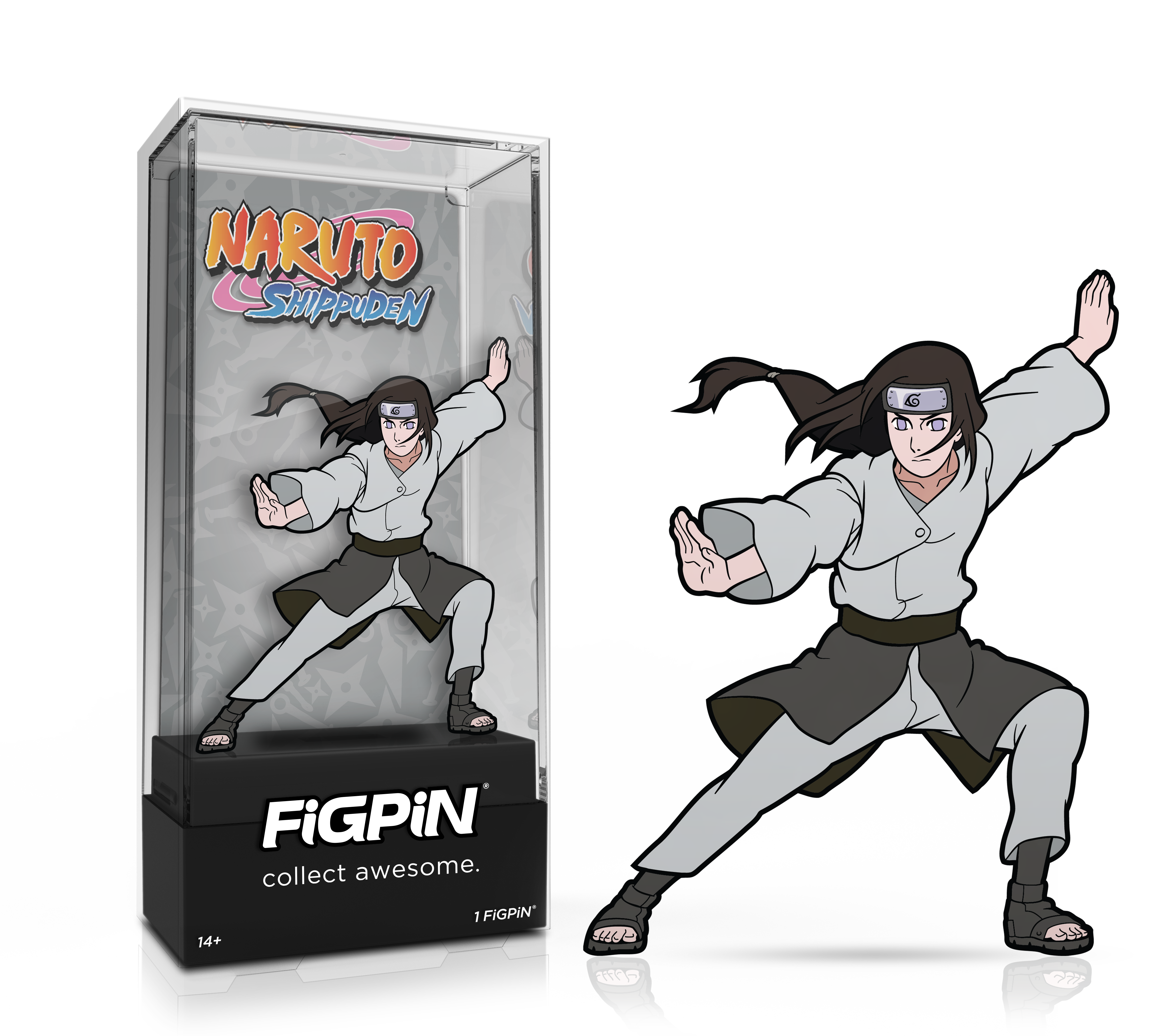 Side by side view of Naruto Shippuden's Neji enamel pin in display case and the art render.