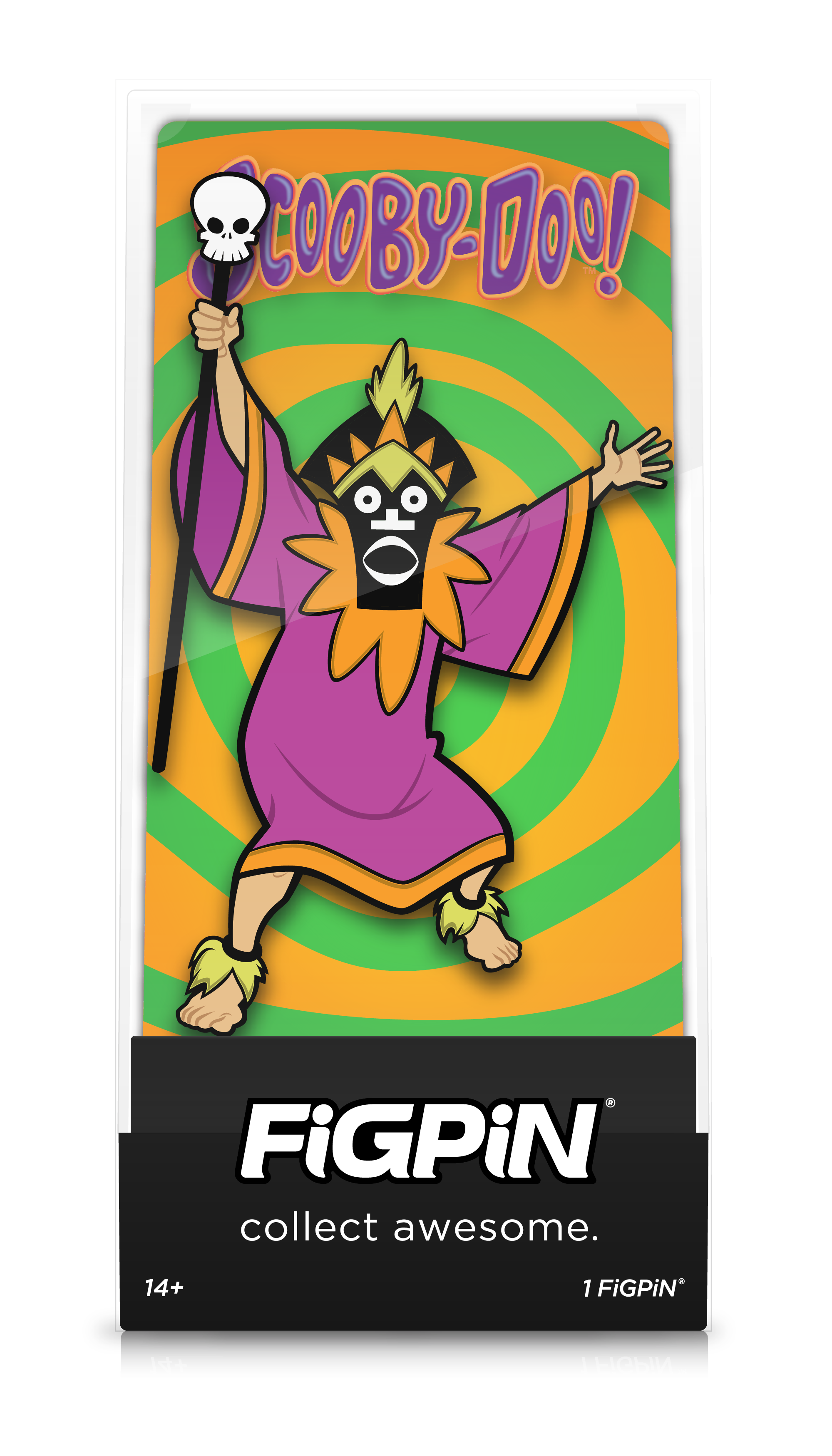 Front view of Scooby-Doo!'s Witch Doctor enamel pin inside FiGPiN Display case reading “collect awesome"