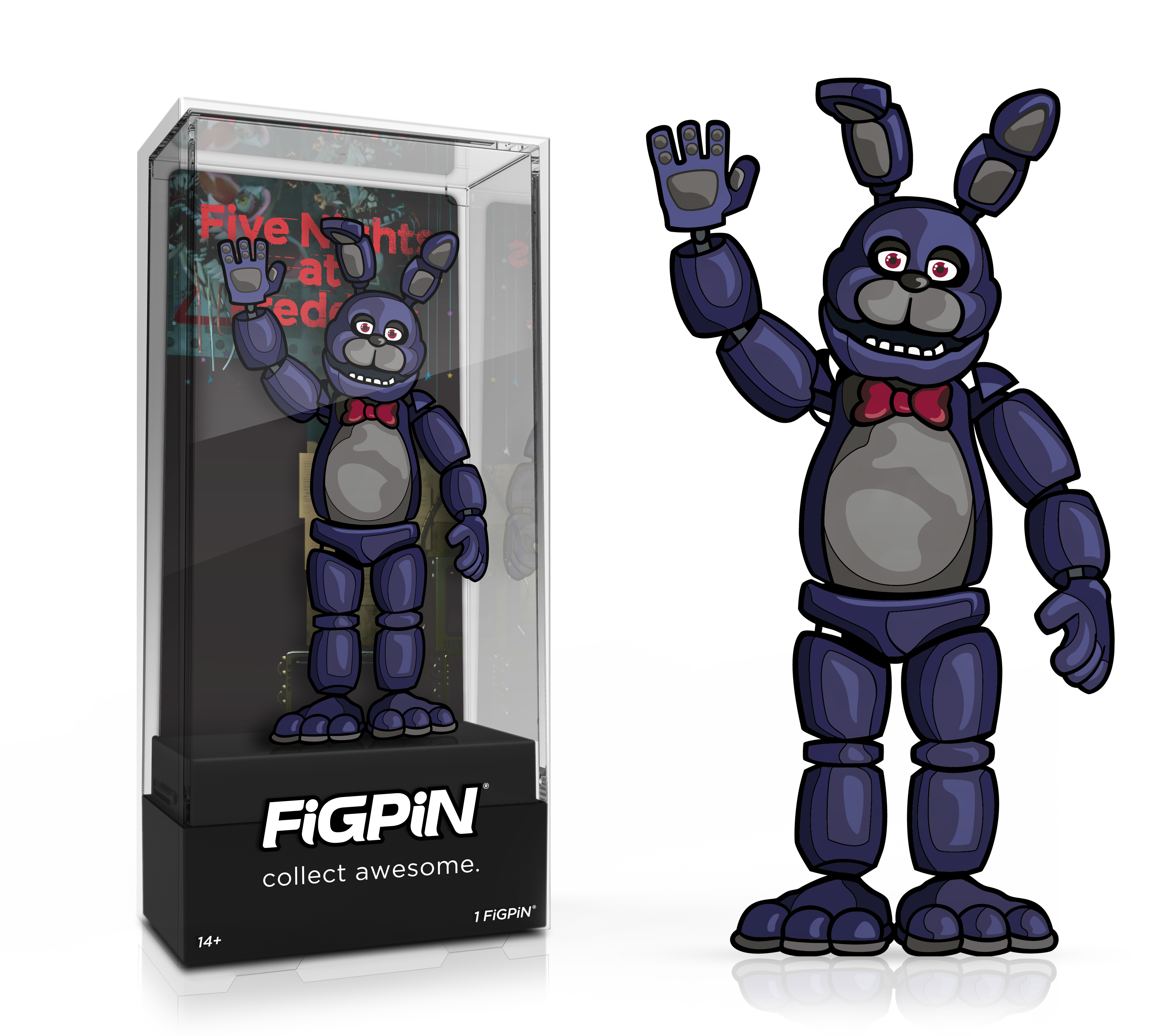 Side by side view of  Five Nights at Freddy's Bonnie enamel pin in display case and the art render.