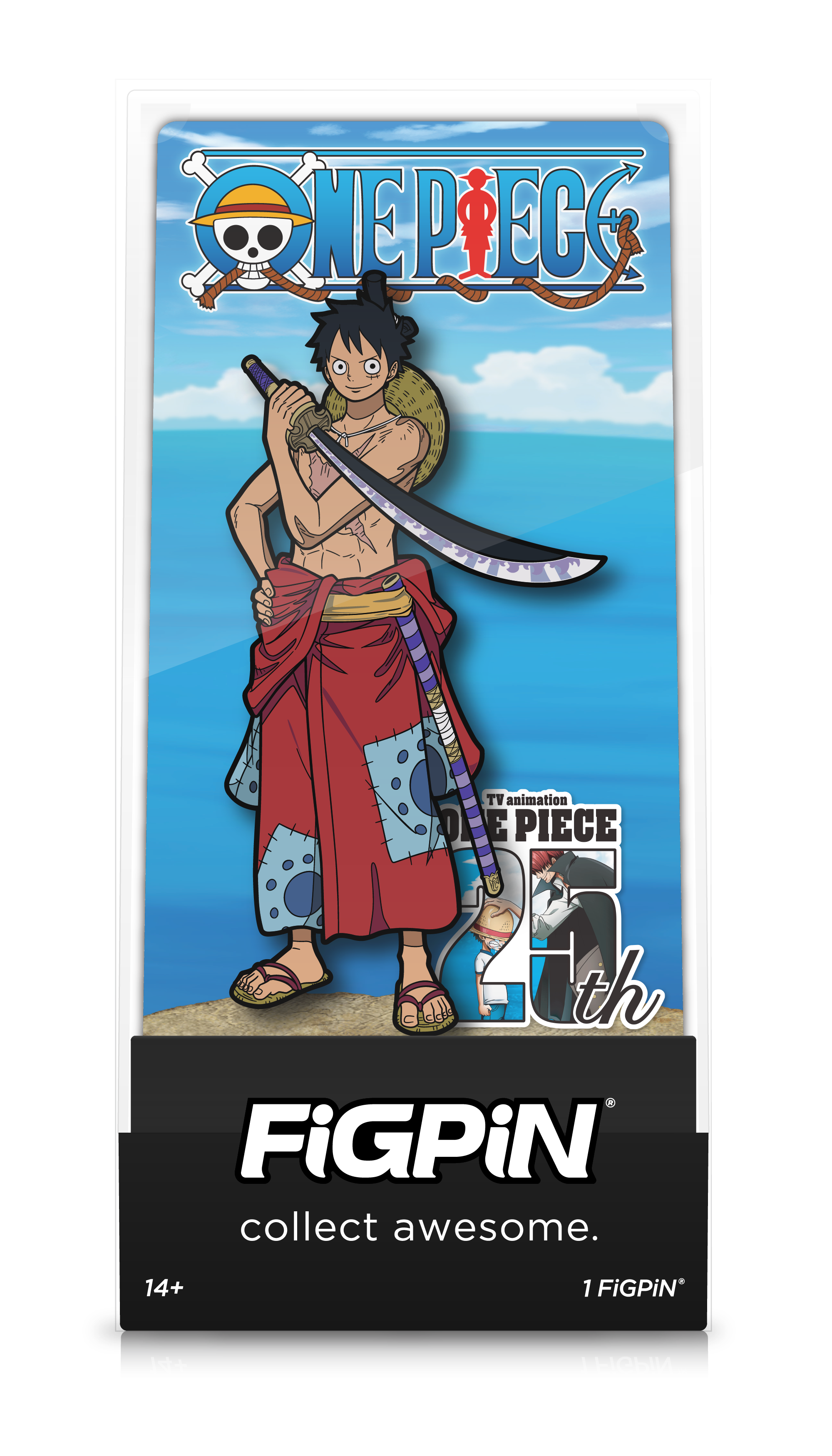 Front view of Luffytaro enamel pin inside FiGPiN Display case reading “FiGPiN - collect awesome”