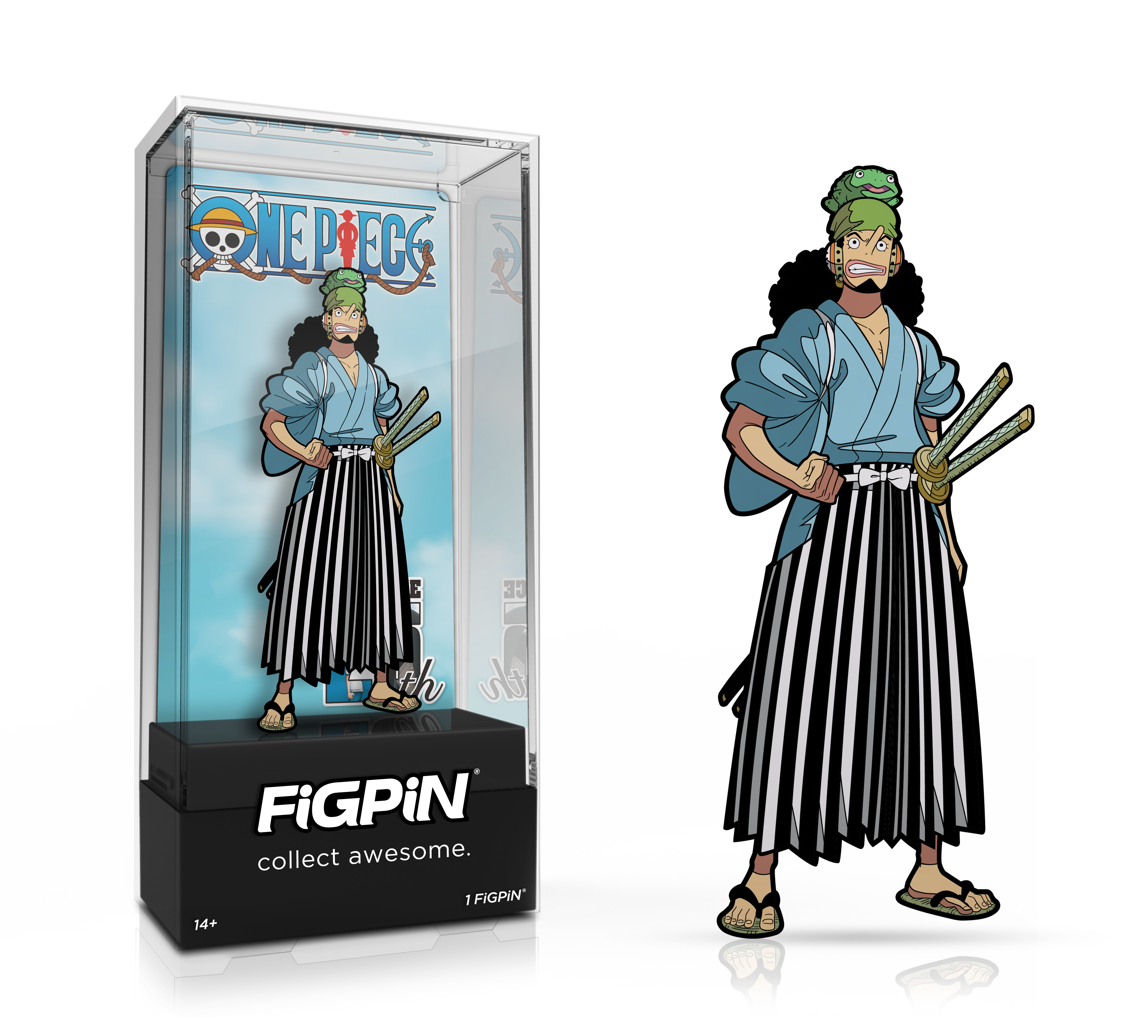 Side by side view of the Usohachi enamel pin in display case and the art render.