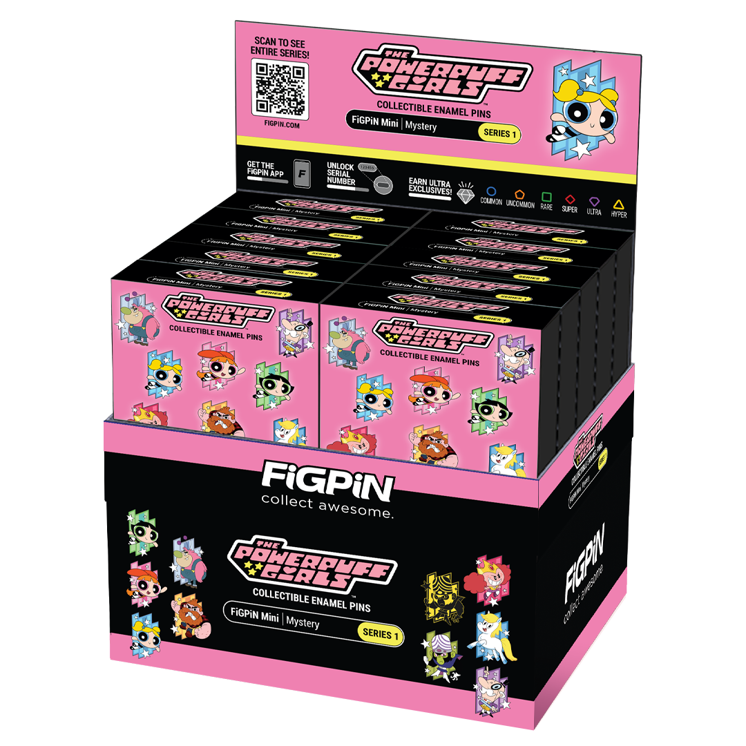 The Powerpuff Girls Mystery Minis case of pins with art renderings of the pins in the series