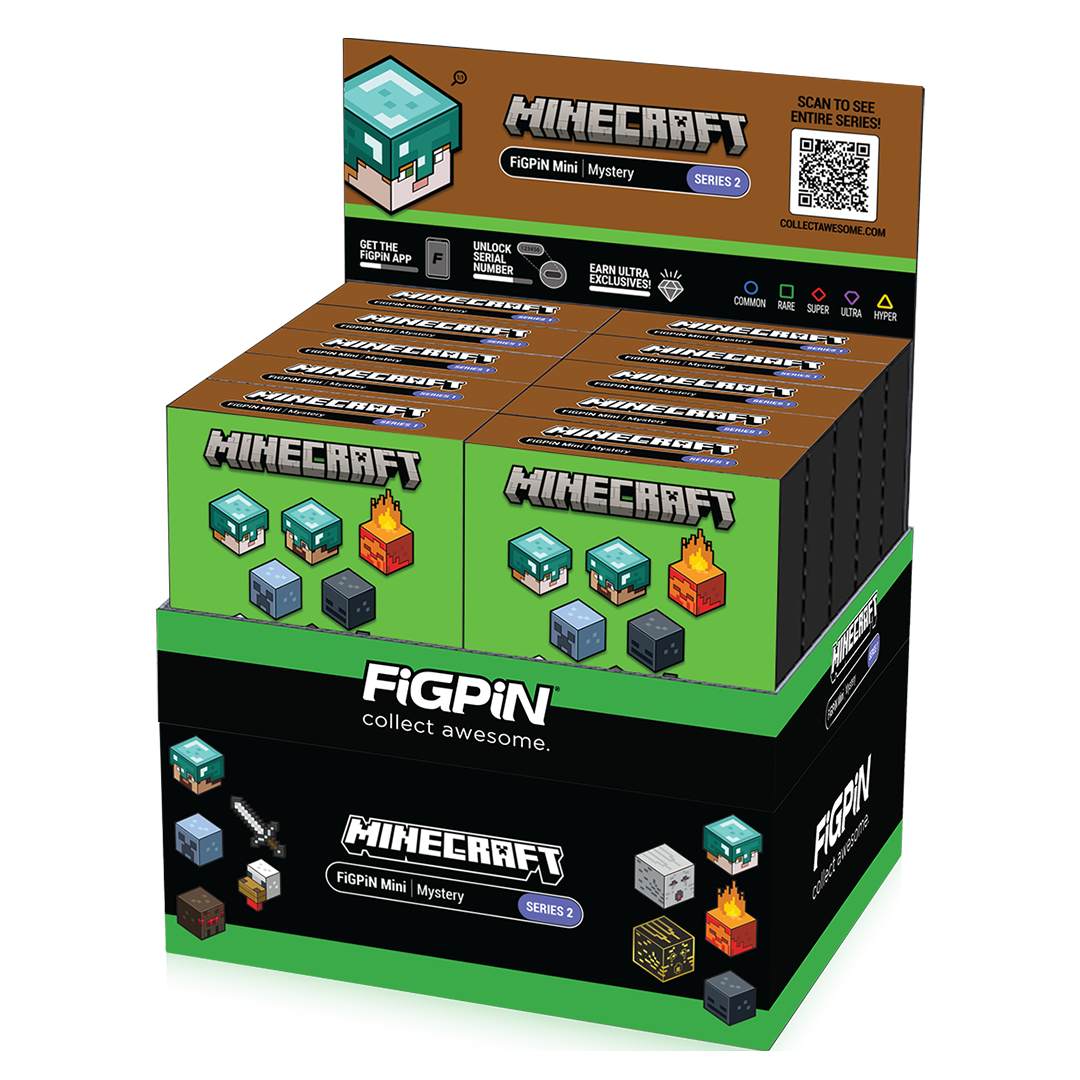 Angled view of Minecraft Mystery Mini Case with 10 individual boxes inside the case packaging.