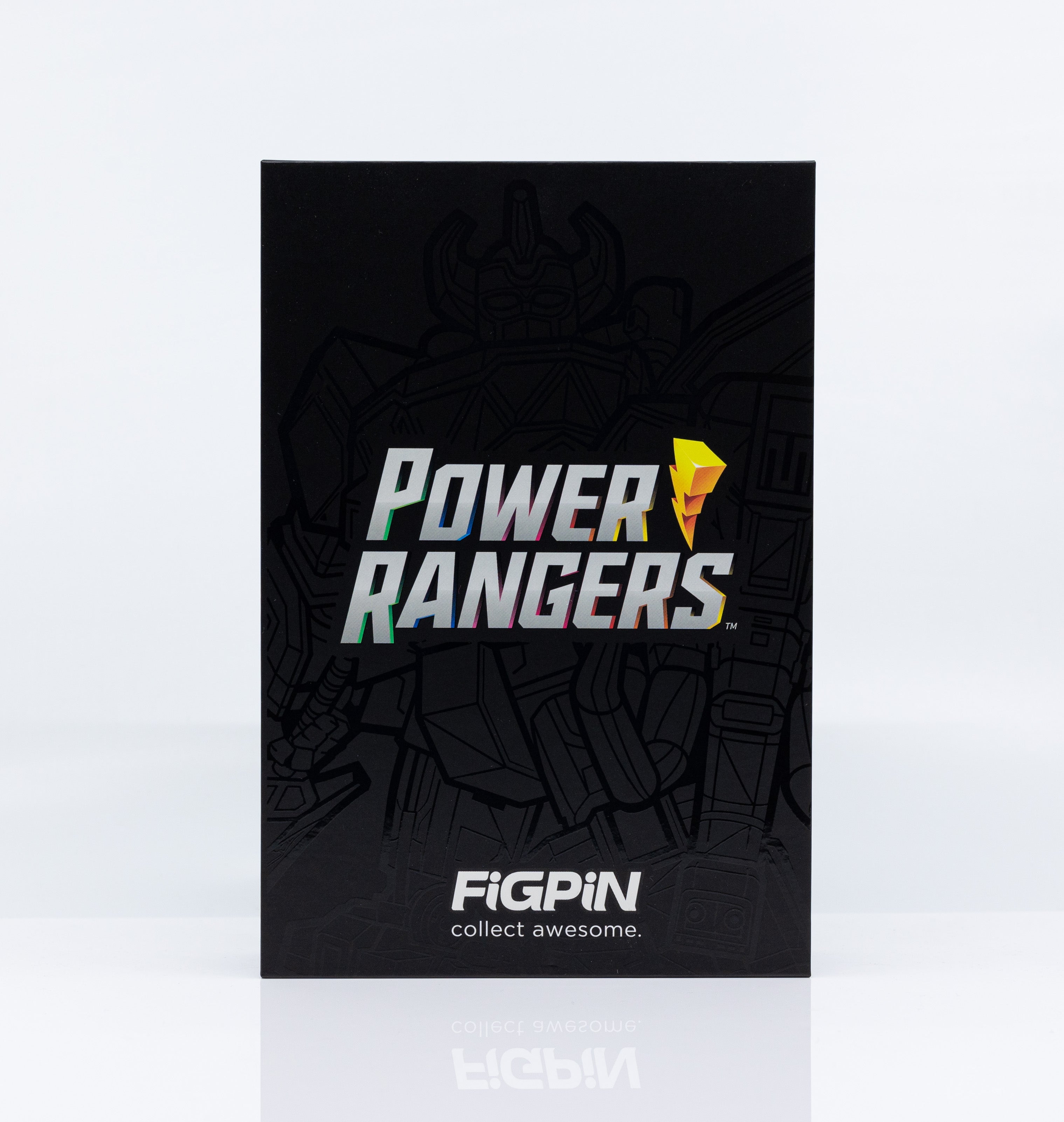 Power Rangers Megazord FiGPiN XL front of box design featuring lineart of Megazord, Power Rangers logo, and FiGPiN: Collect Awesome Logo