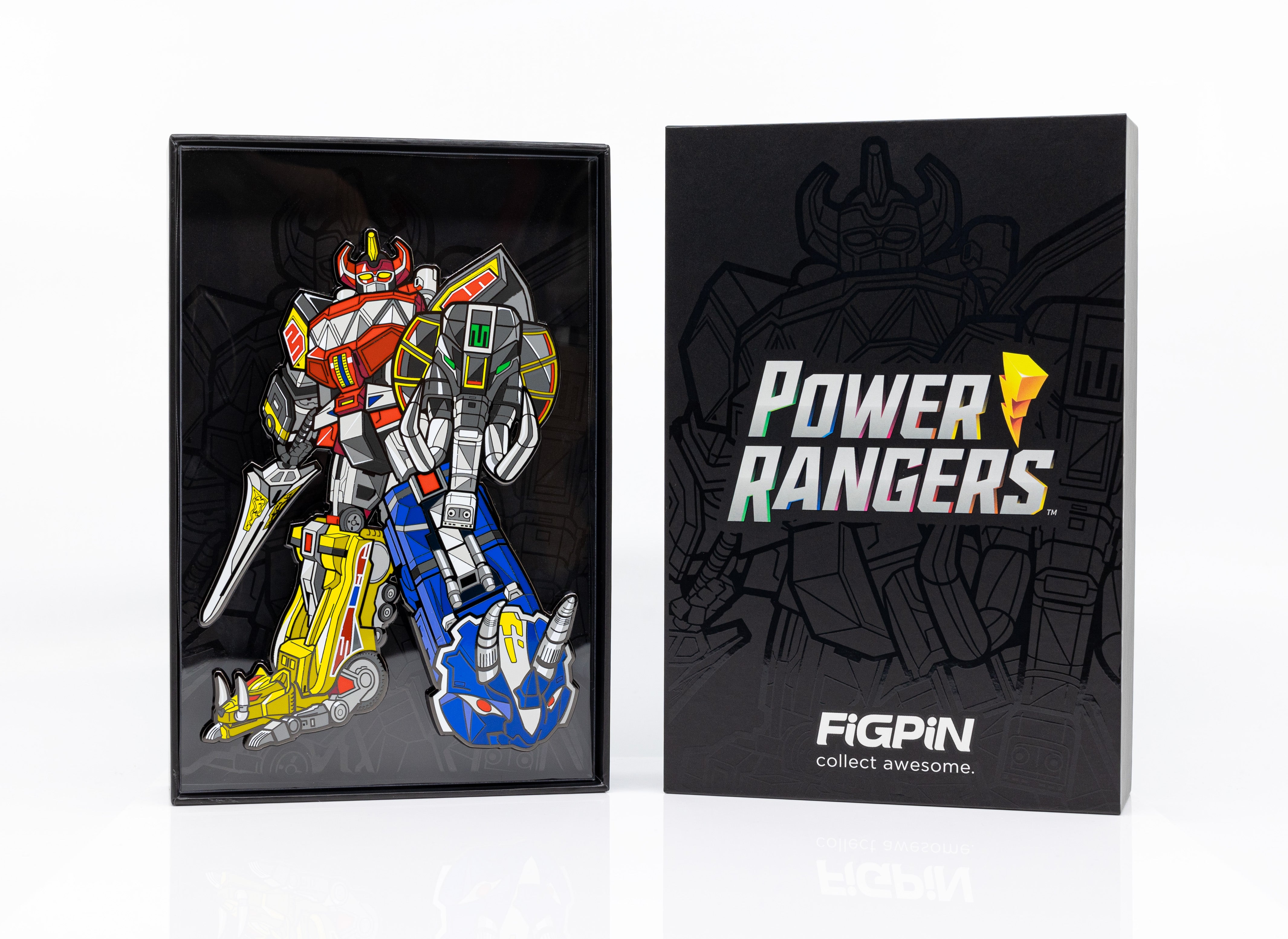 Power Rangers Megazord FiGPiN XL inside box side by side of the top lid with "Power Rangers - FiGPiN Collect Awesome" on the front