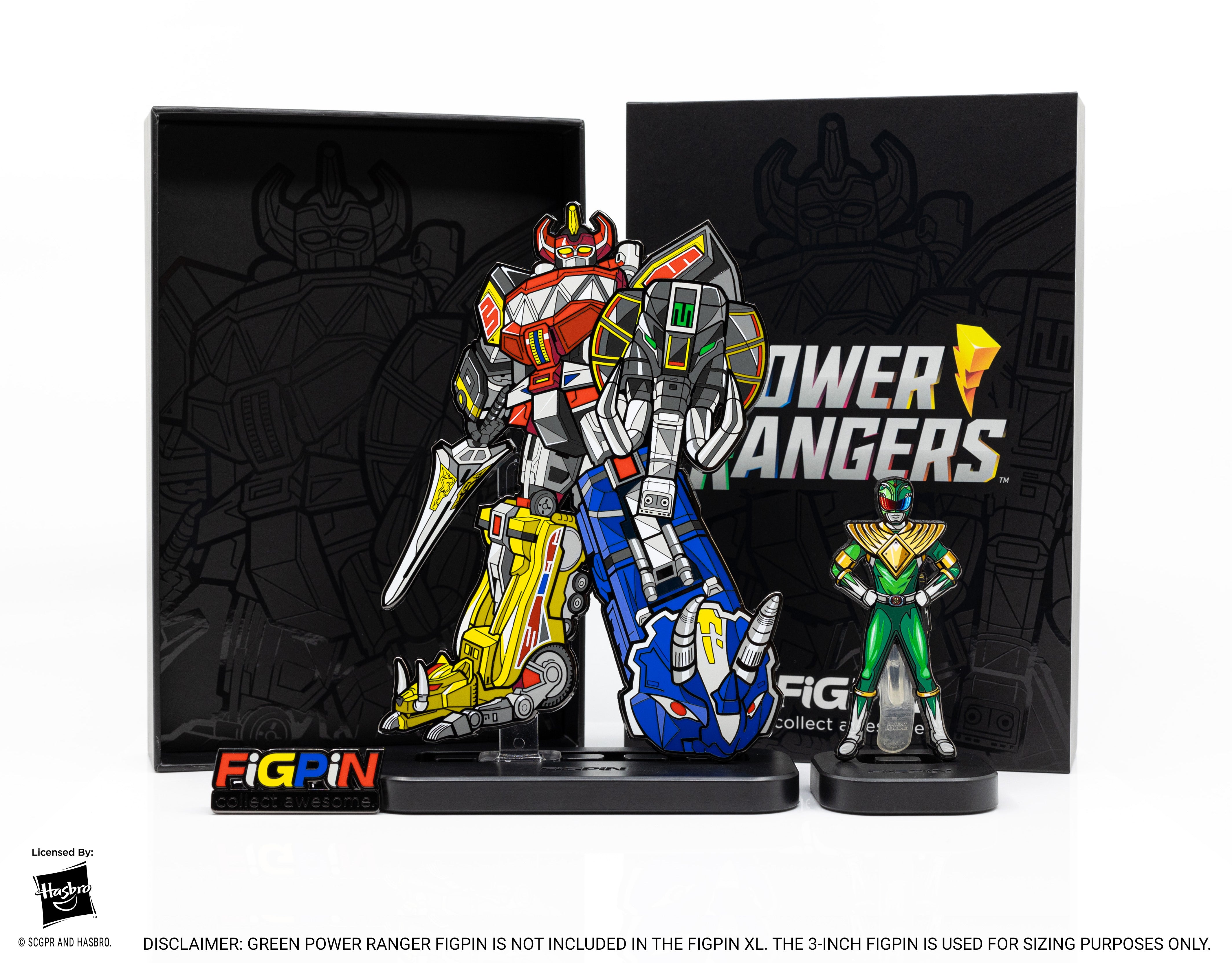 Display of Power Rangers Megazord FiGPiN XL, Packaging, FiGPiN XL Logo enamel pin, and Green Ranger FiGPiN for size purposes.