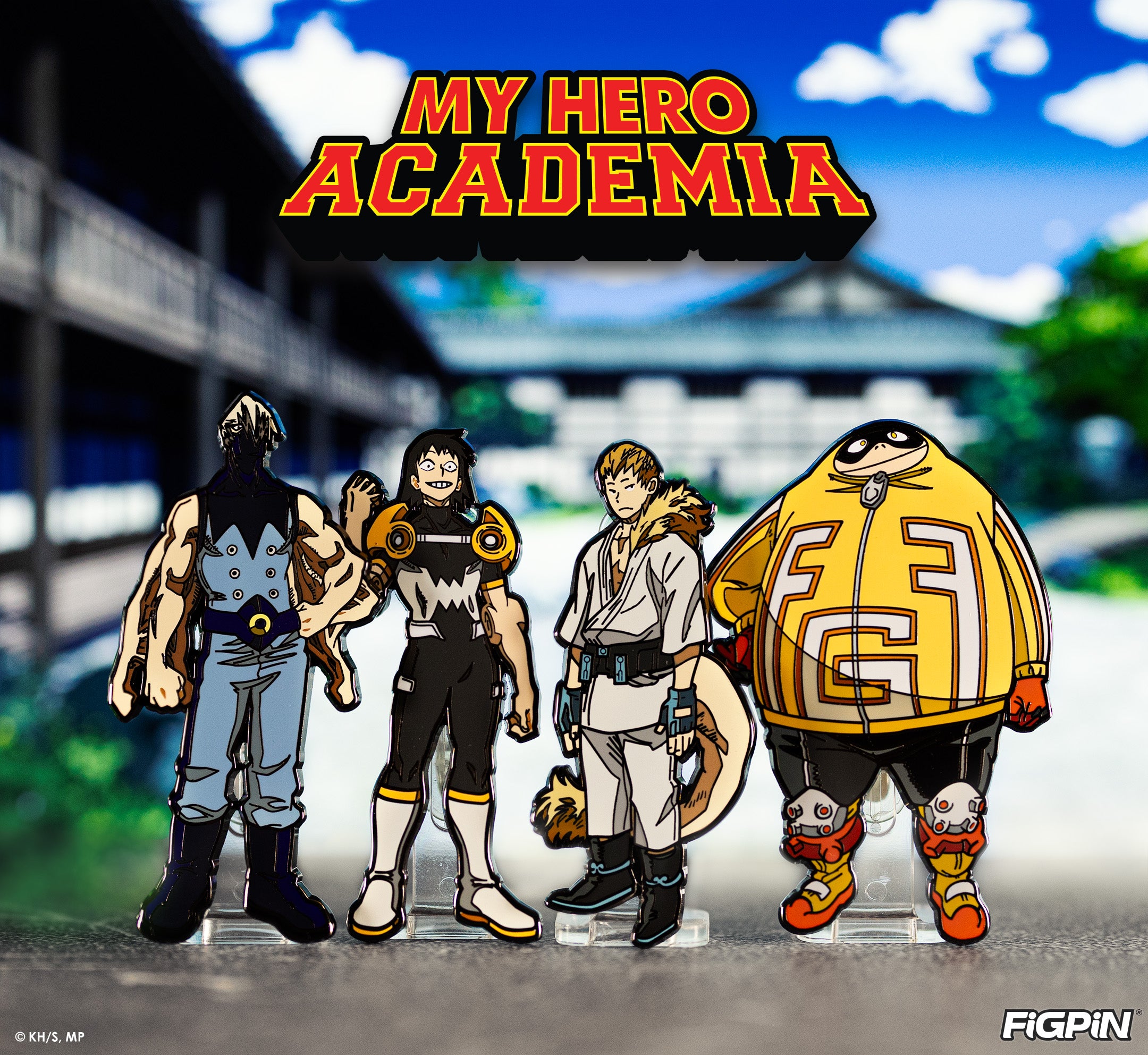 Photograph of My Hero Academia  characters available as enamel pins in this My Hero Academia FiGPiN wave release