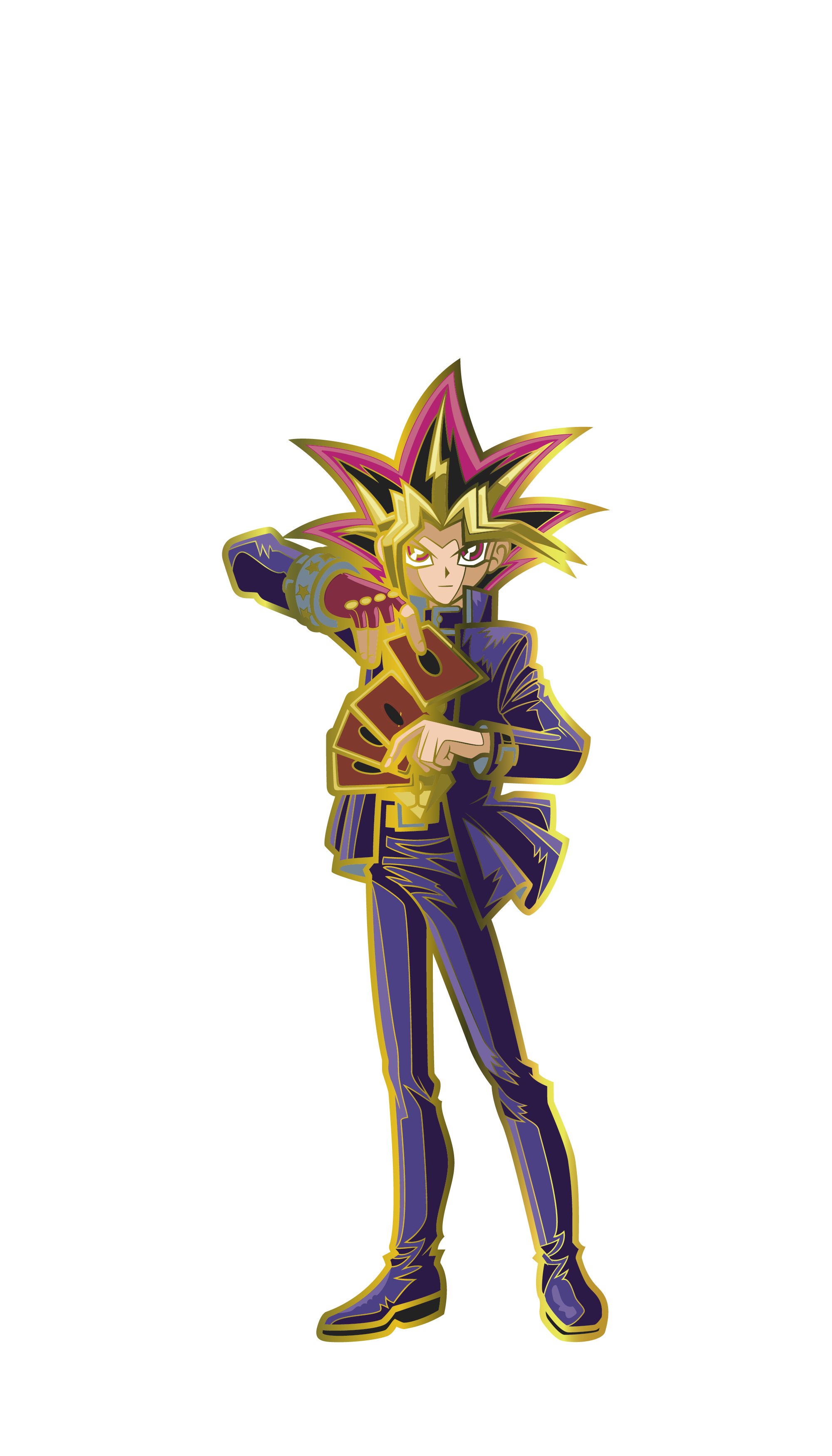 Art Render of Yu-Gi-Oh! Duel Monsters' gold plated Yami Yugi enamel pin.