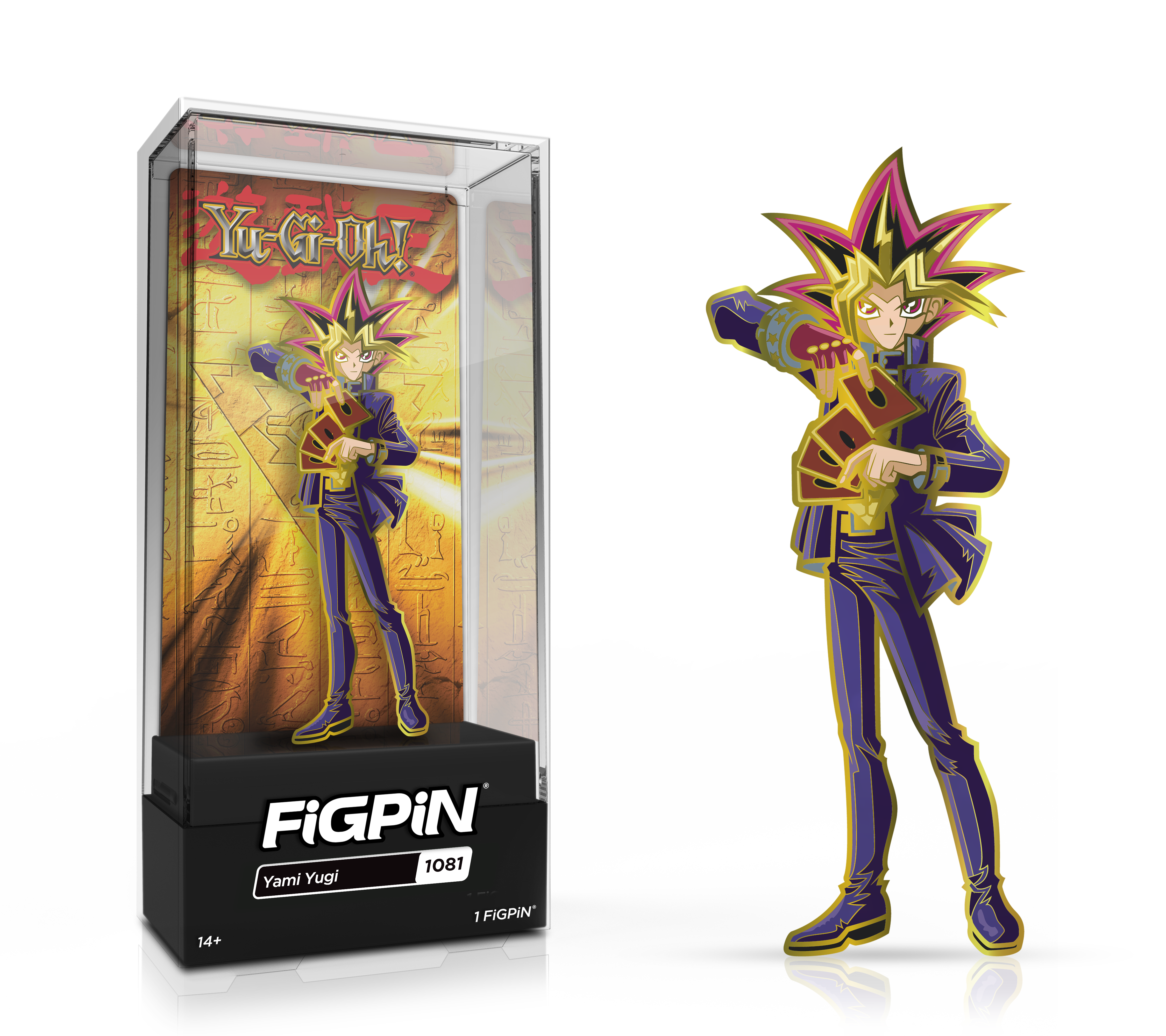 Side by side view of the gold plated Yami Yugi enamel pin in display case and the art render.