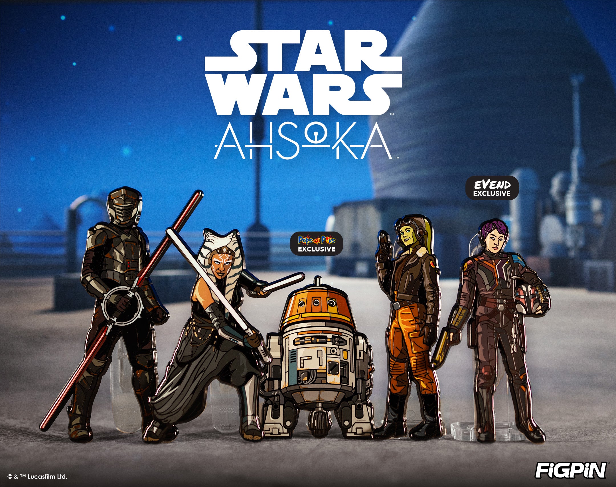 Photograph of STAR WARS AHSOKA characters available as enamel pins in this STAR WARS AHSOKA FiGPiN wave release