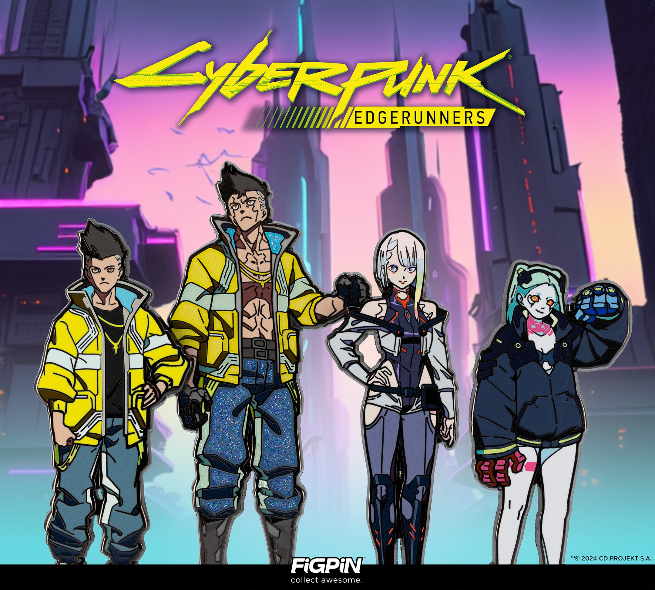 Photograph of CyberPunk Edgerunners characters available as enamel pins in this CyberPunk Edgerunners FiGPiN wave release