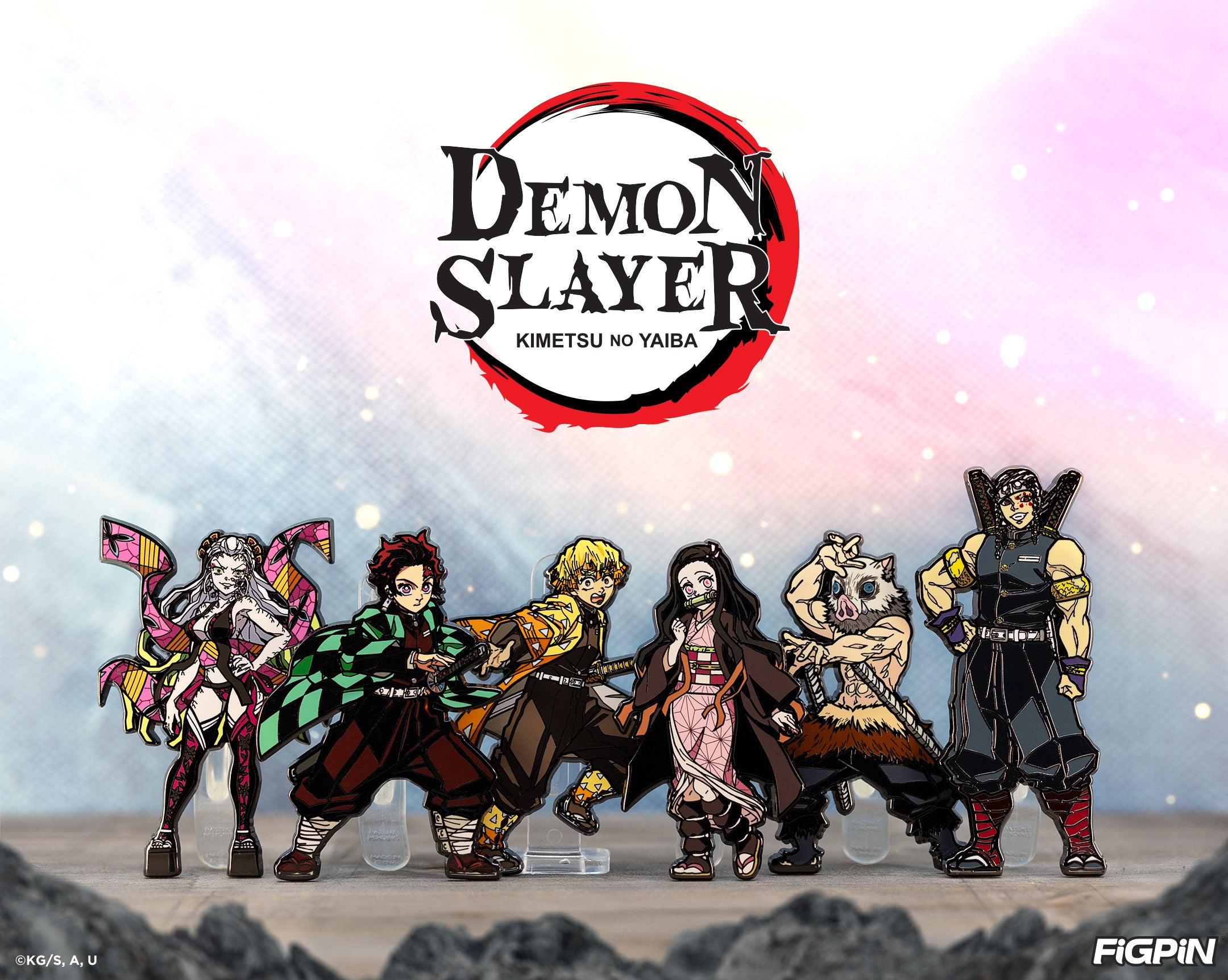 Photograph of Demon Slayer characters available as enamel pins in this Demon Slayer FiGPiN wave release