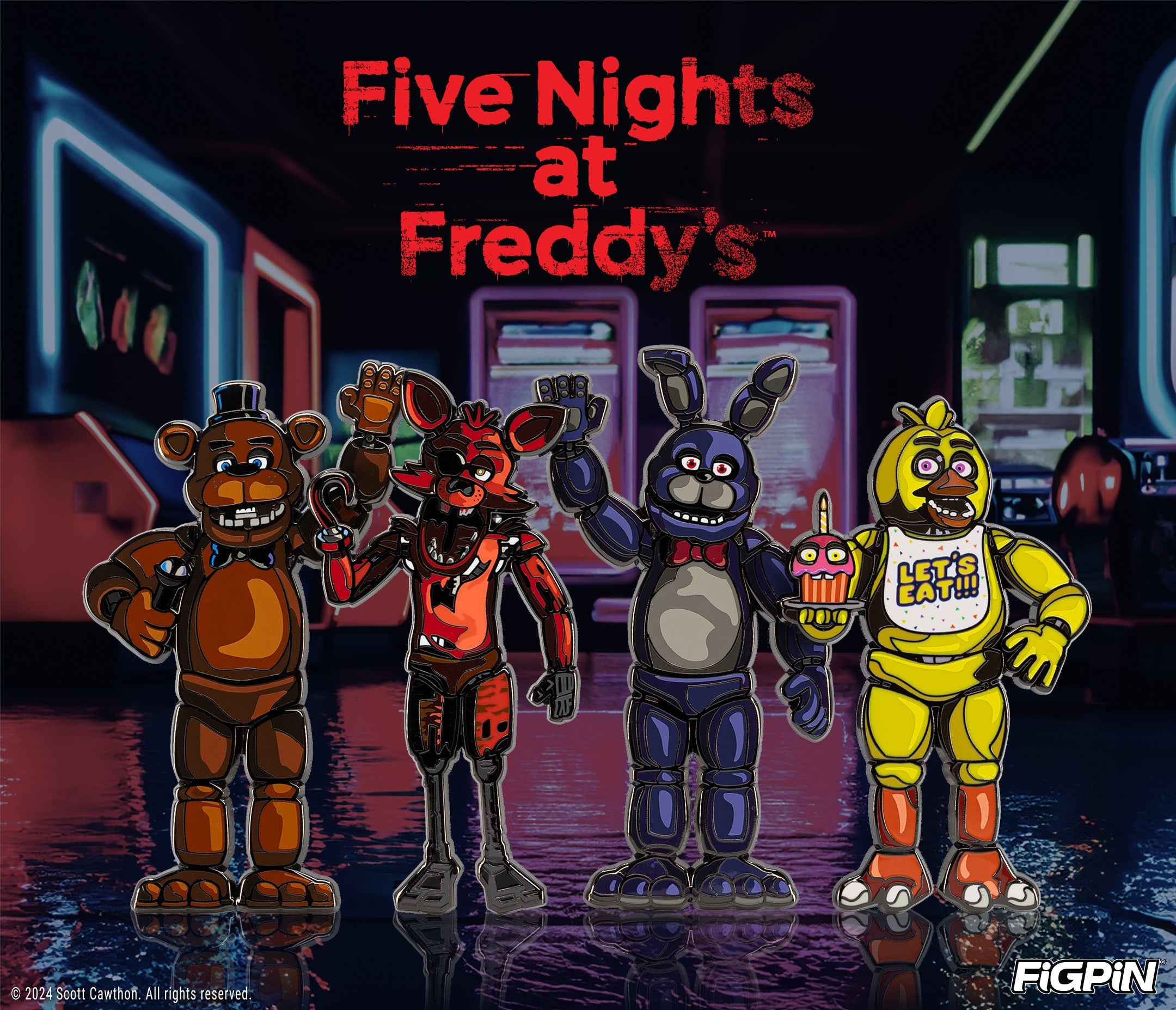 Photograph of Five Nights at Freddy's characters available as enamel pins in this Five Nights at Freddy's FiGPiN wave release