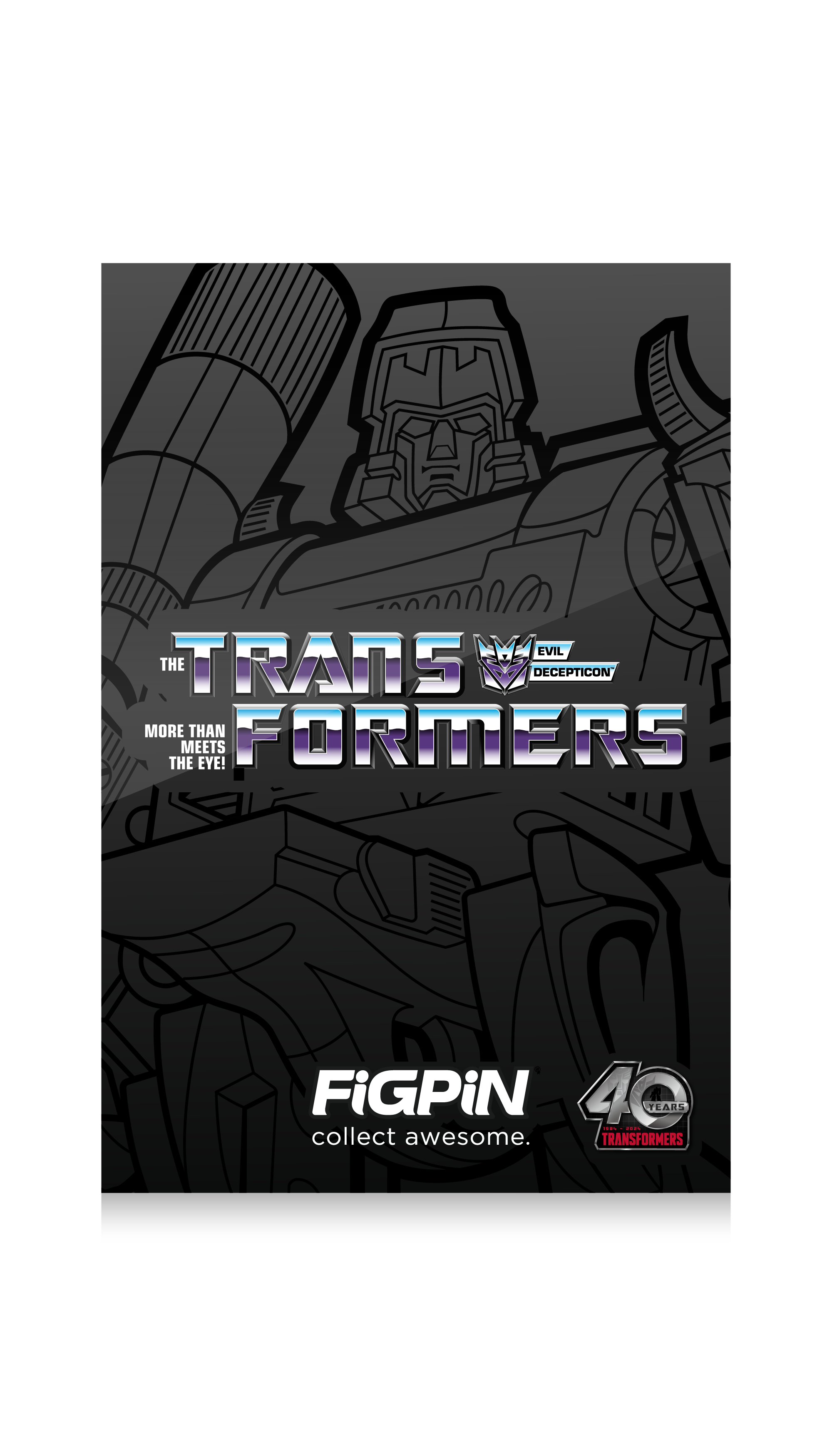 Transformers Megatron FiGPiN XL front of box design featuring lineart of Megatron, Transformers logo, and FiGPiN: Collect Awesome Logo