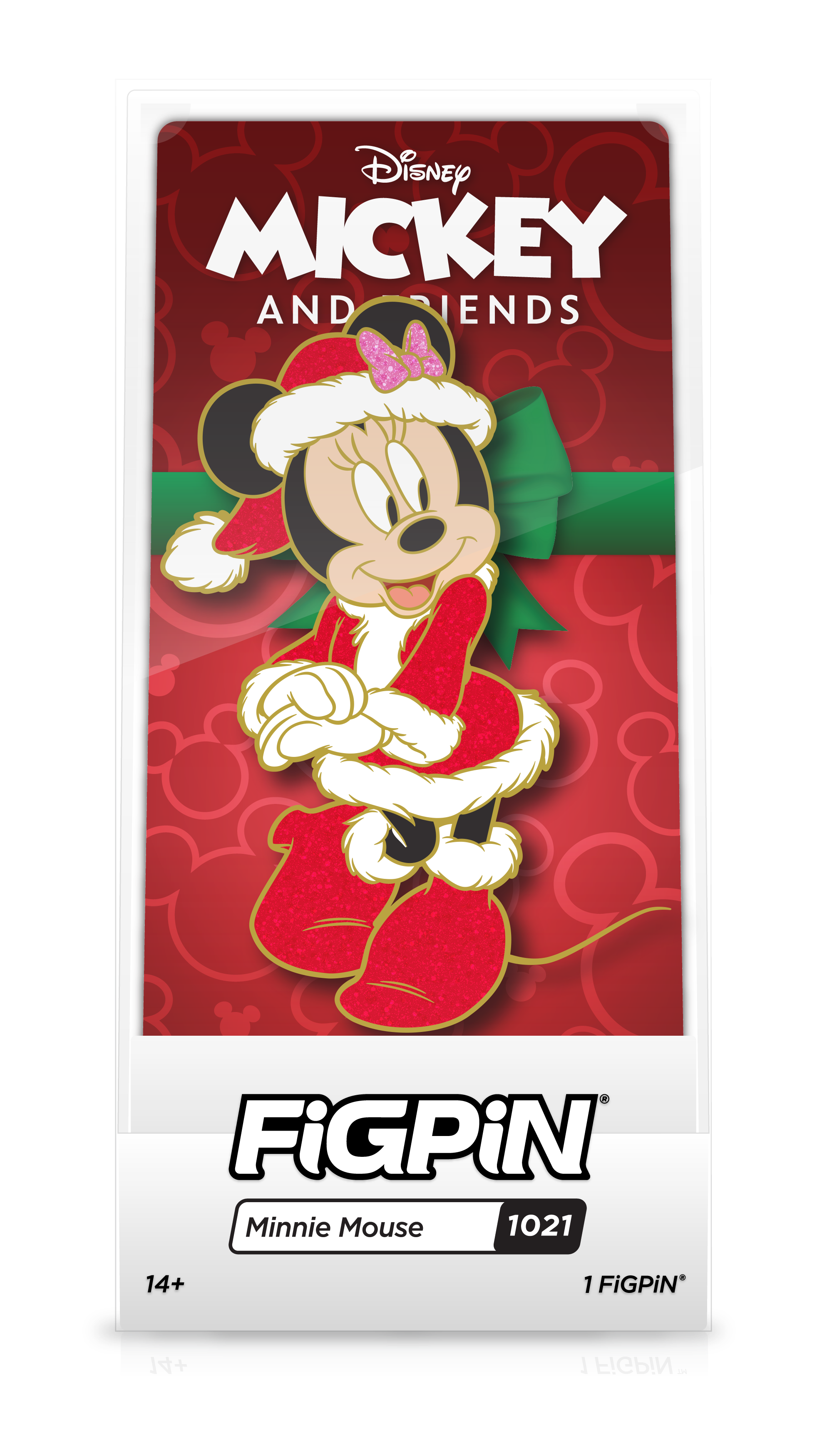 Front view of Disney's Mickey Mouse enamel pin inside FiGPiN Display case reading “FiGPiN - Minnie Mouse (1021)”