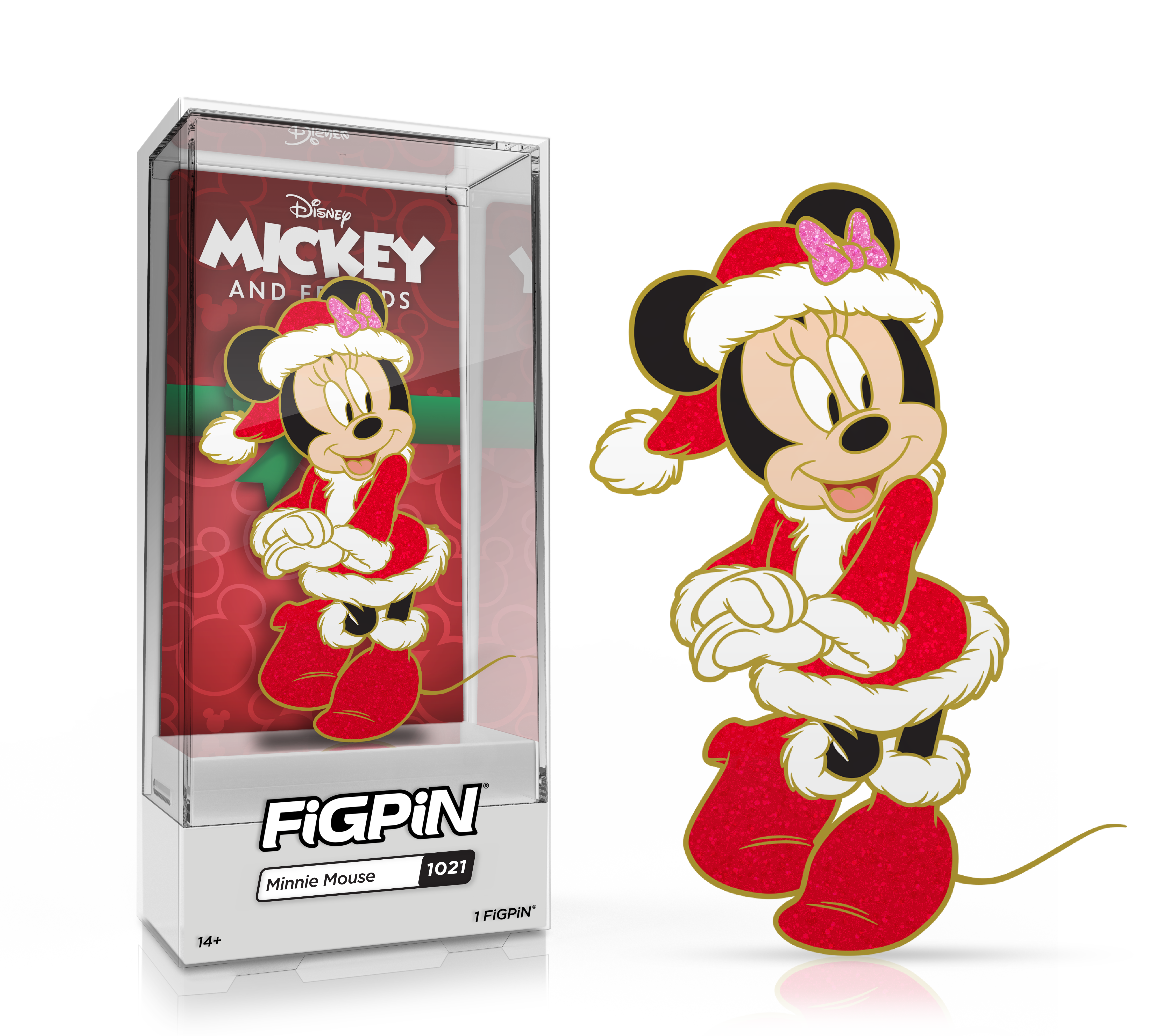 Side by side view of Disney's Minnie Mouse enamel pin in display case and the art render.