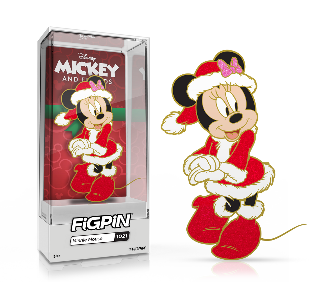 Side by side view of Disney's Minnie Mouse enamel pin in display case and the art render.