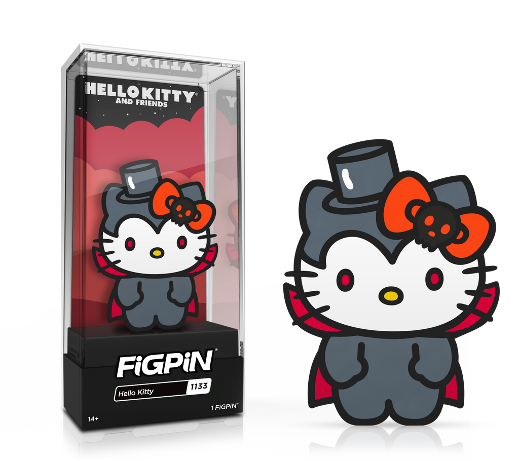 Side by side view of the Hello Kitty enamel pin in display case and the art render.