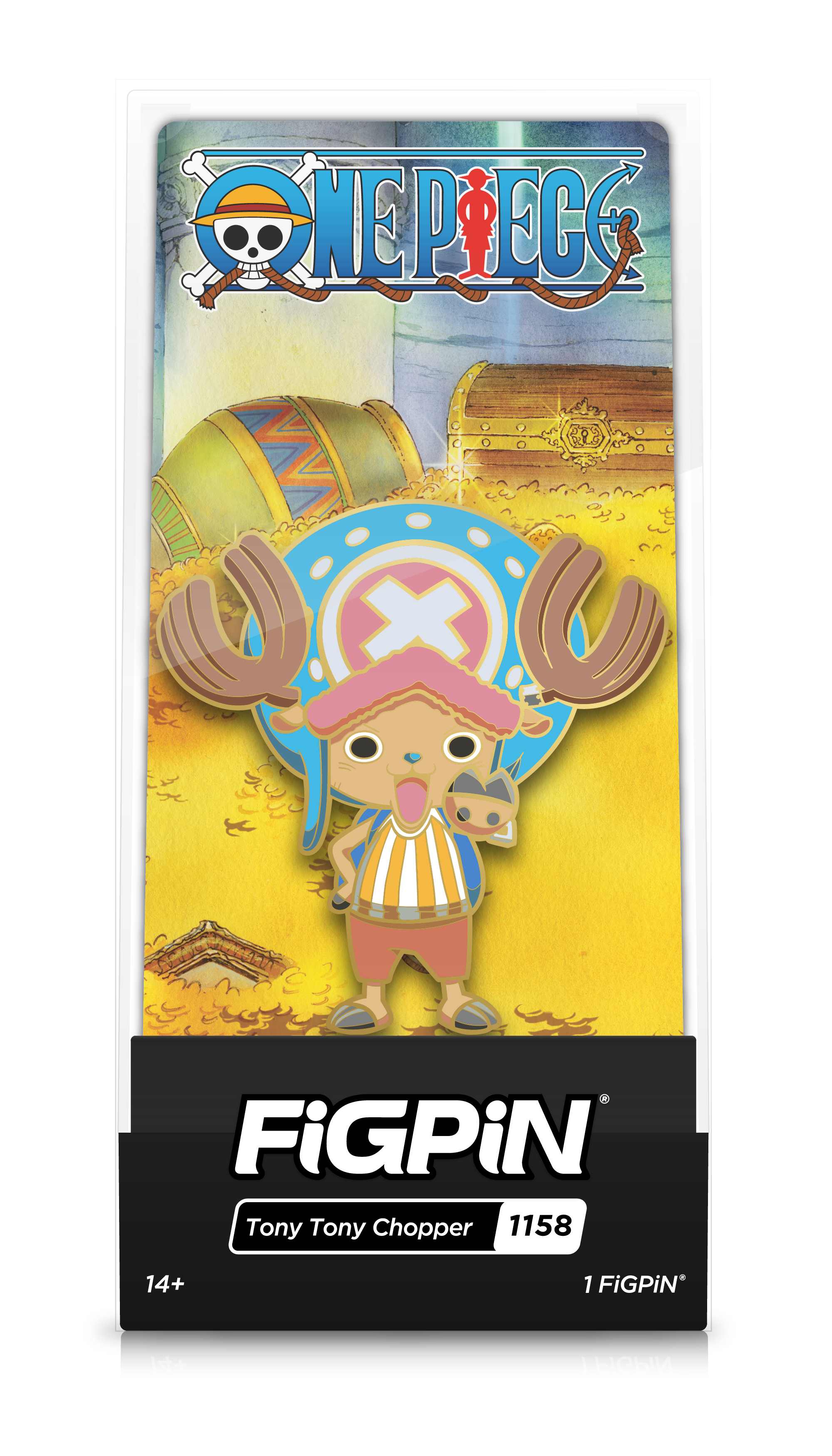 Front view of One Piece's Tony Tony Chopper enamel pin inside FiGPiN Display case reading “FiGPiN - Tony Tony Chopper (1158)”