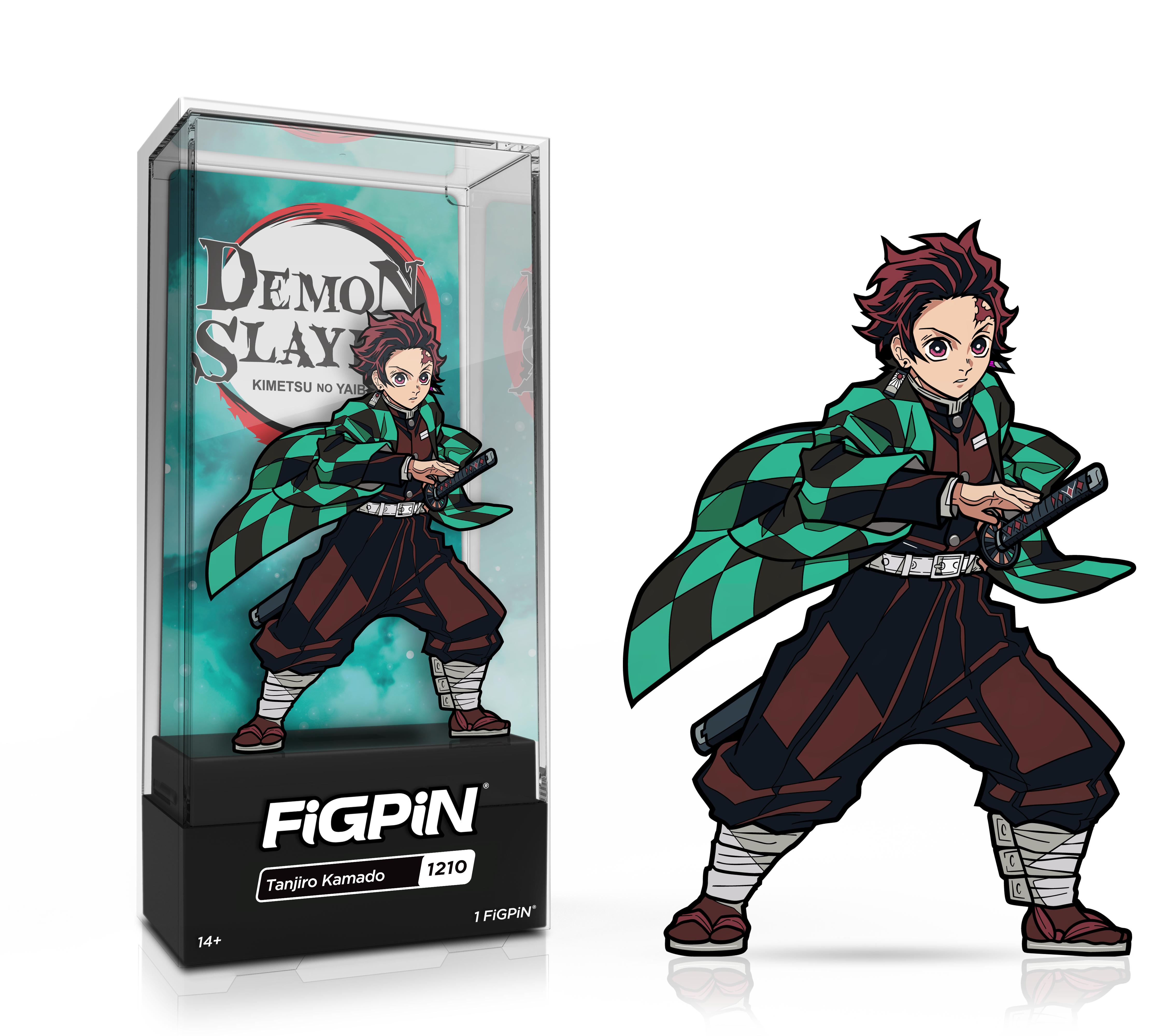 Side by side view of the Tanjiro Kamado enamel pin in display case and the art render.