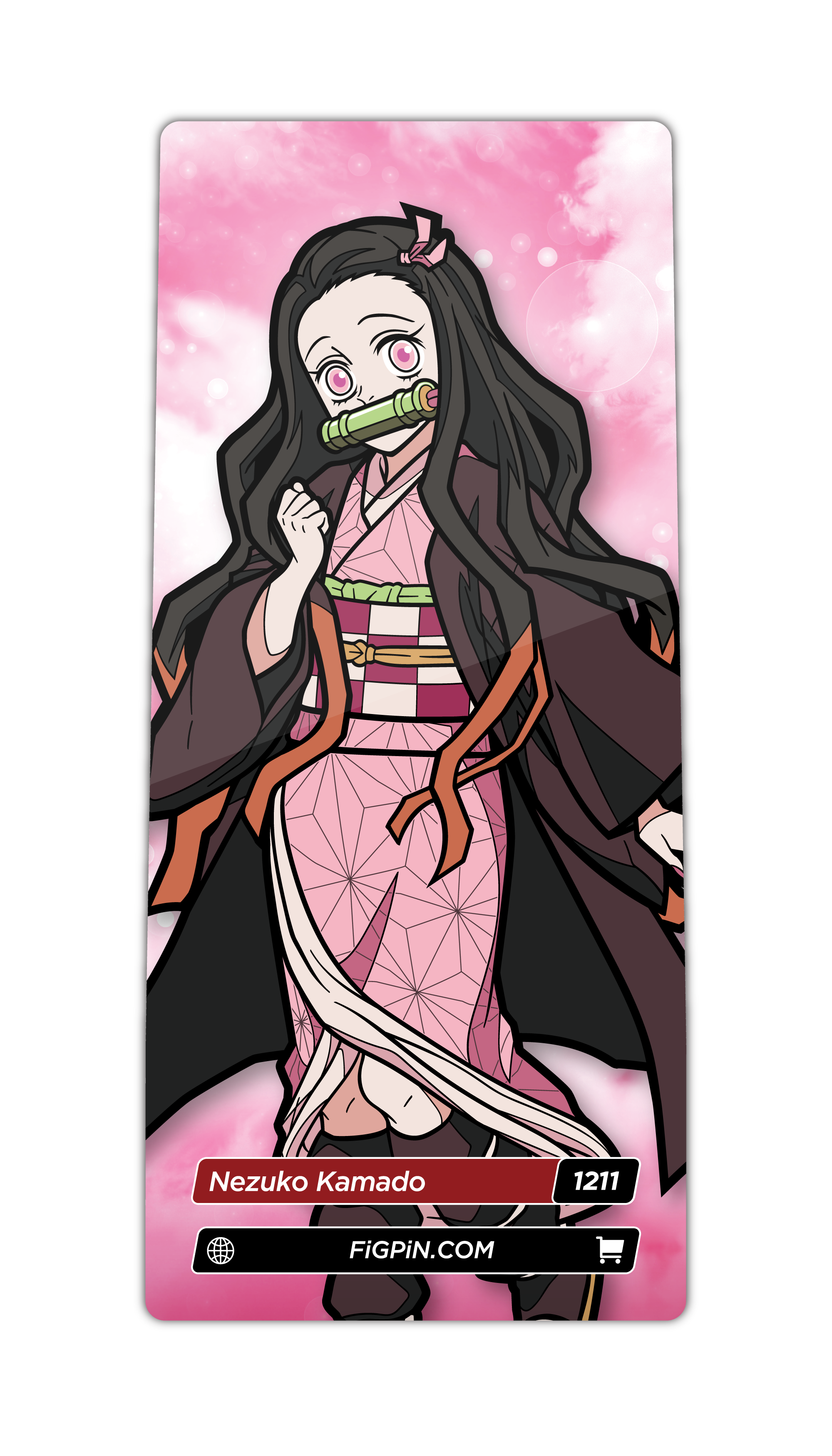 Character card of Demon Slayer's Nezuko Kamado with text “Nezuko Kamado (1211)” and link to FiGPiN’s website