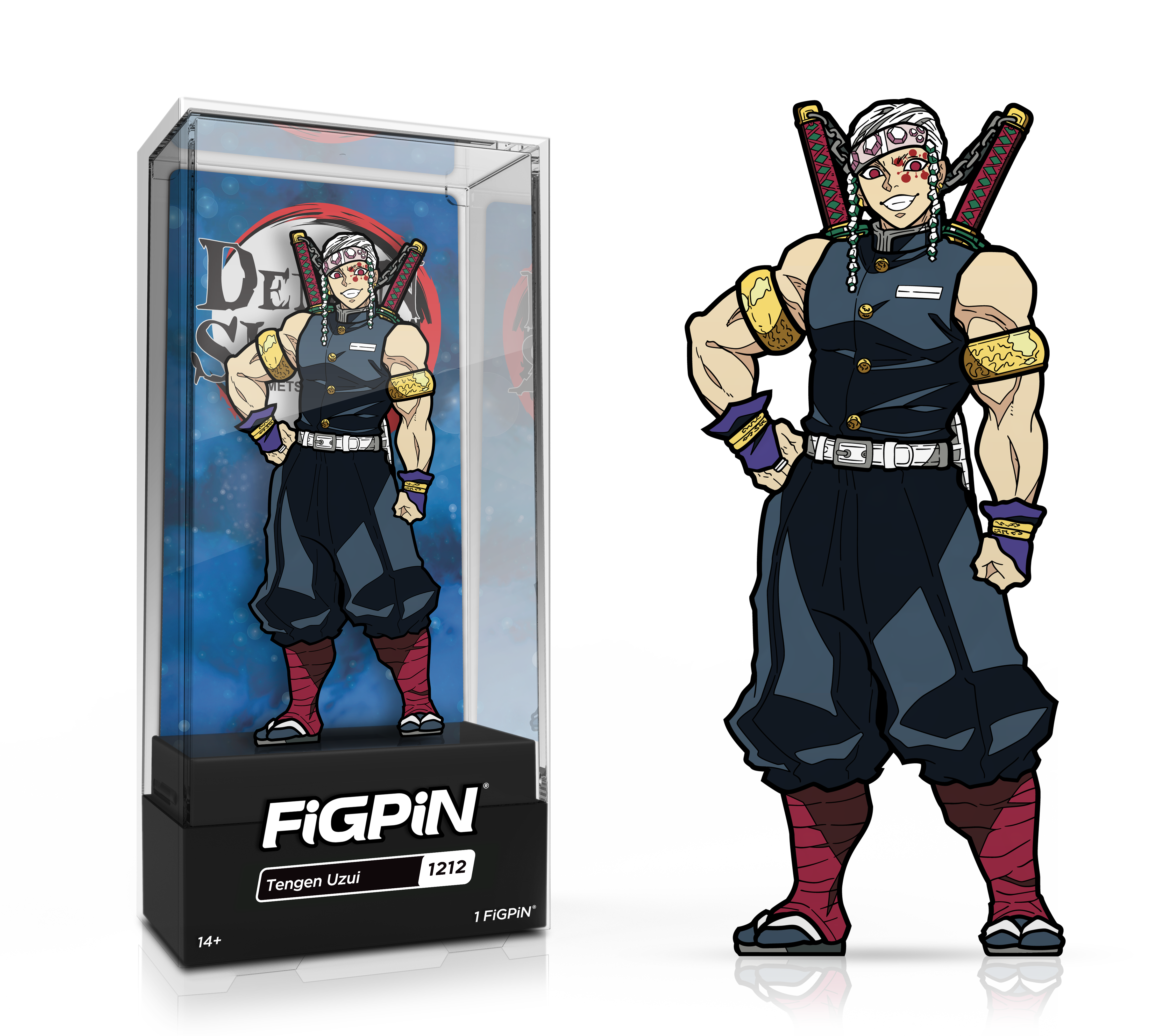 Side by side view of the Tengen Uzui enamel pin in display case and the art render.
