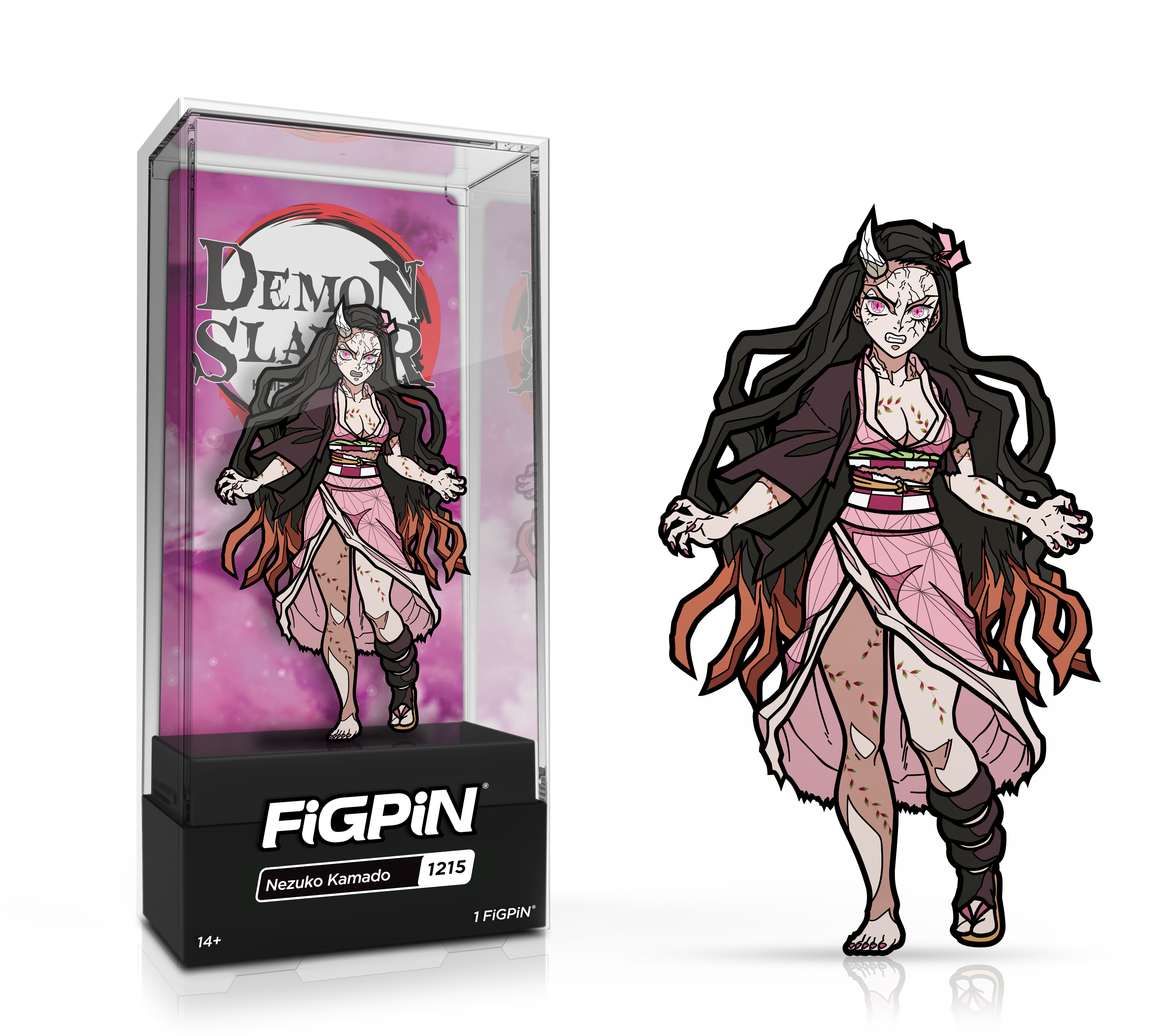 Side by side view of the Nezuko Kamado enamel pin in display case and the art render.