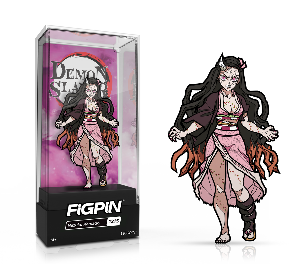 Side by side view of the Nezuko Kamado enamel pin in display case and the art render.
