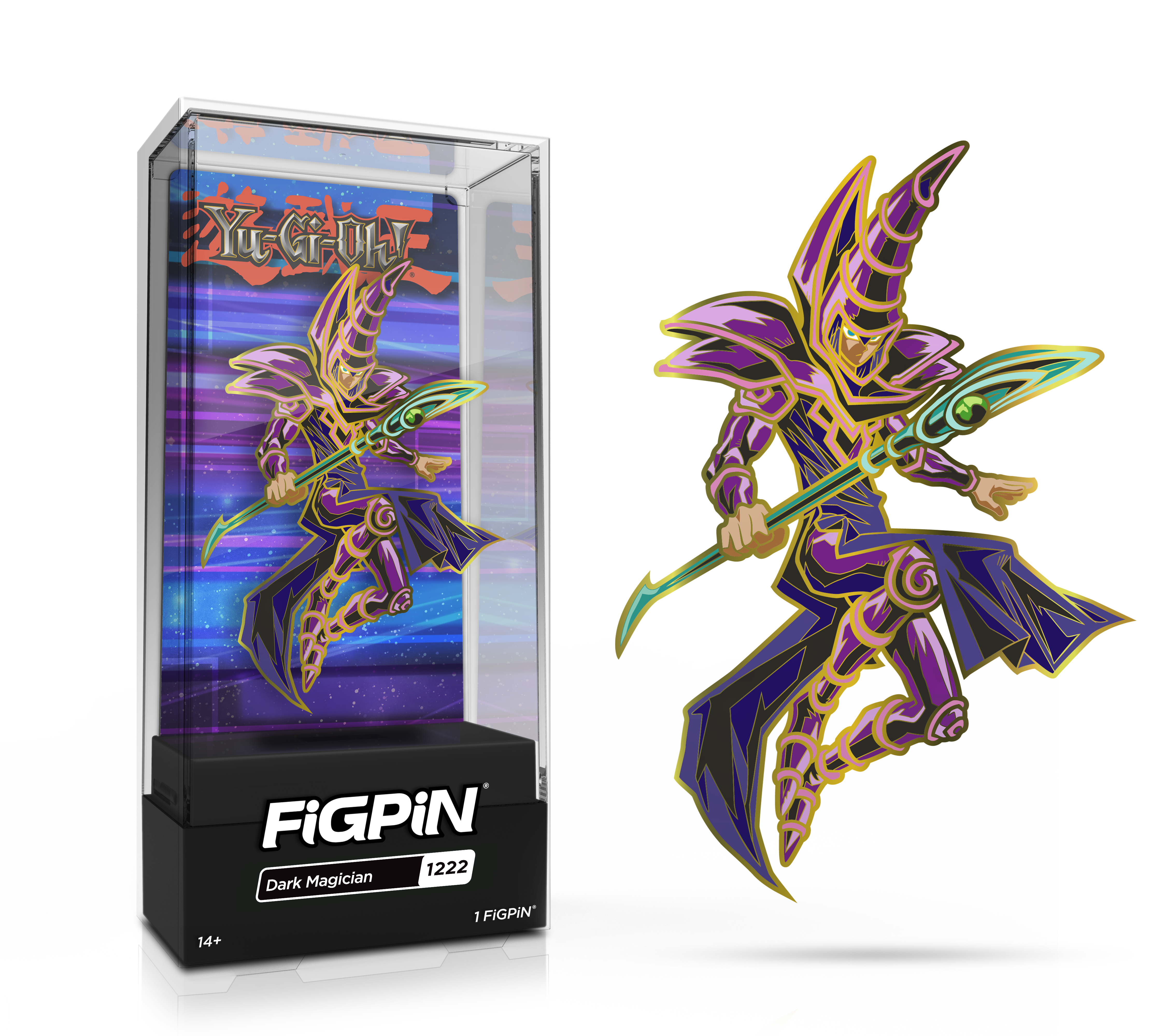 Side by side view of the Dark Magician enamel pin in display case and the art render.