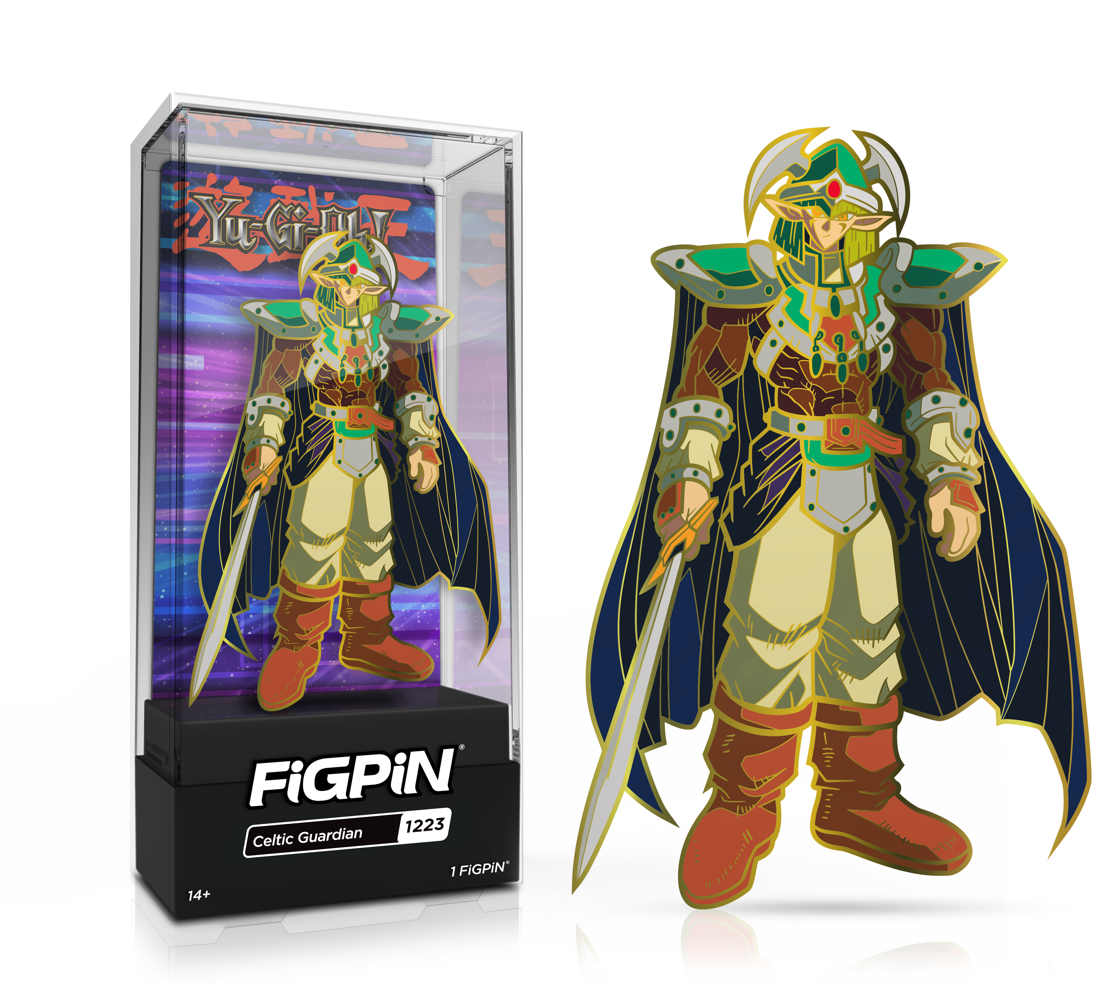 Side by side view of the Celtic Guardian enamel pin in display case and the art render.