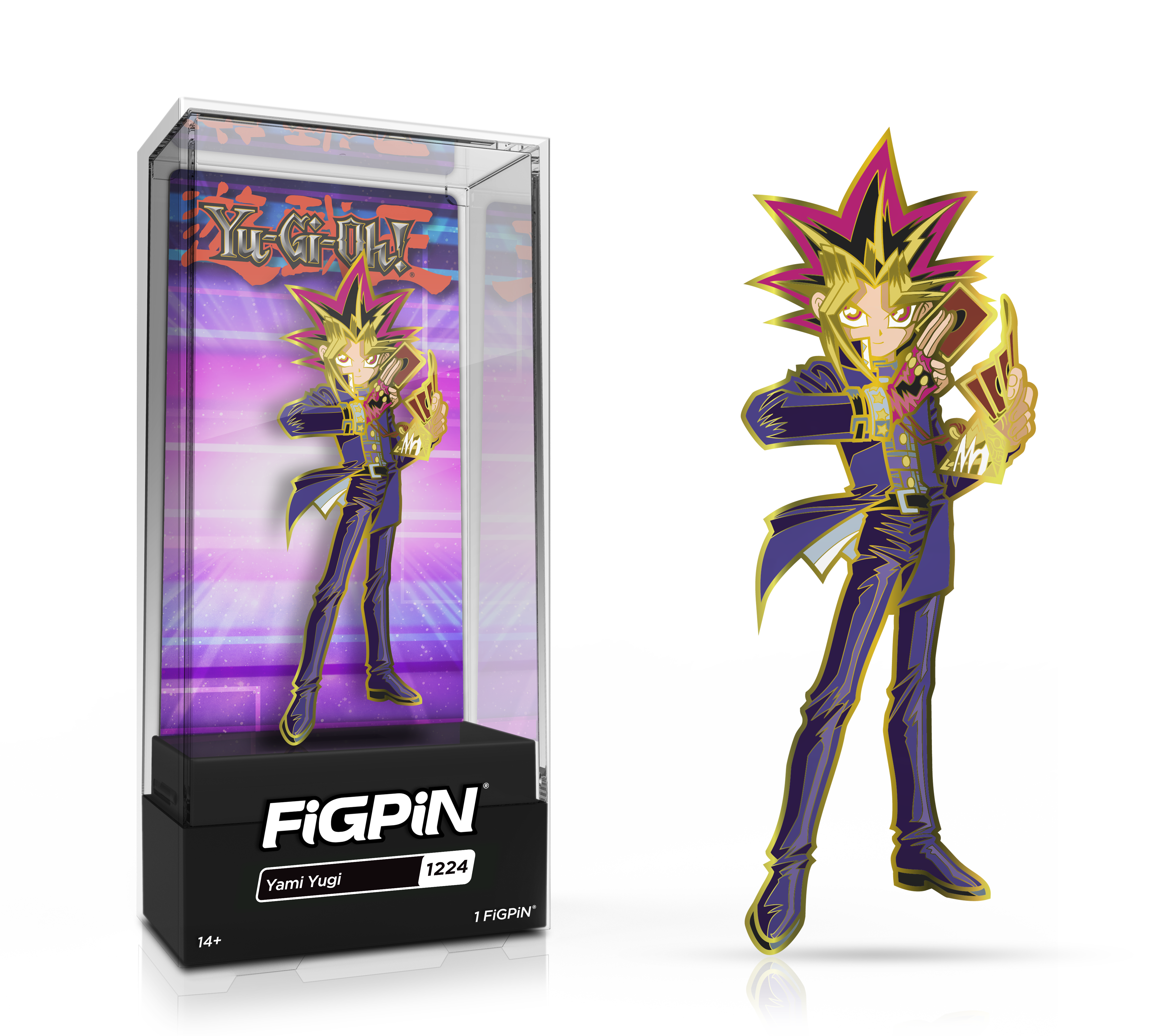 Side by side view of the Yami Yugi enamel pin in display case and the art render.
