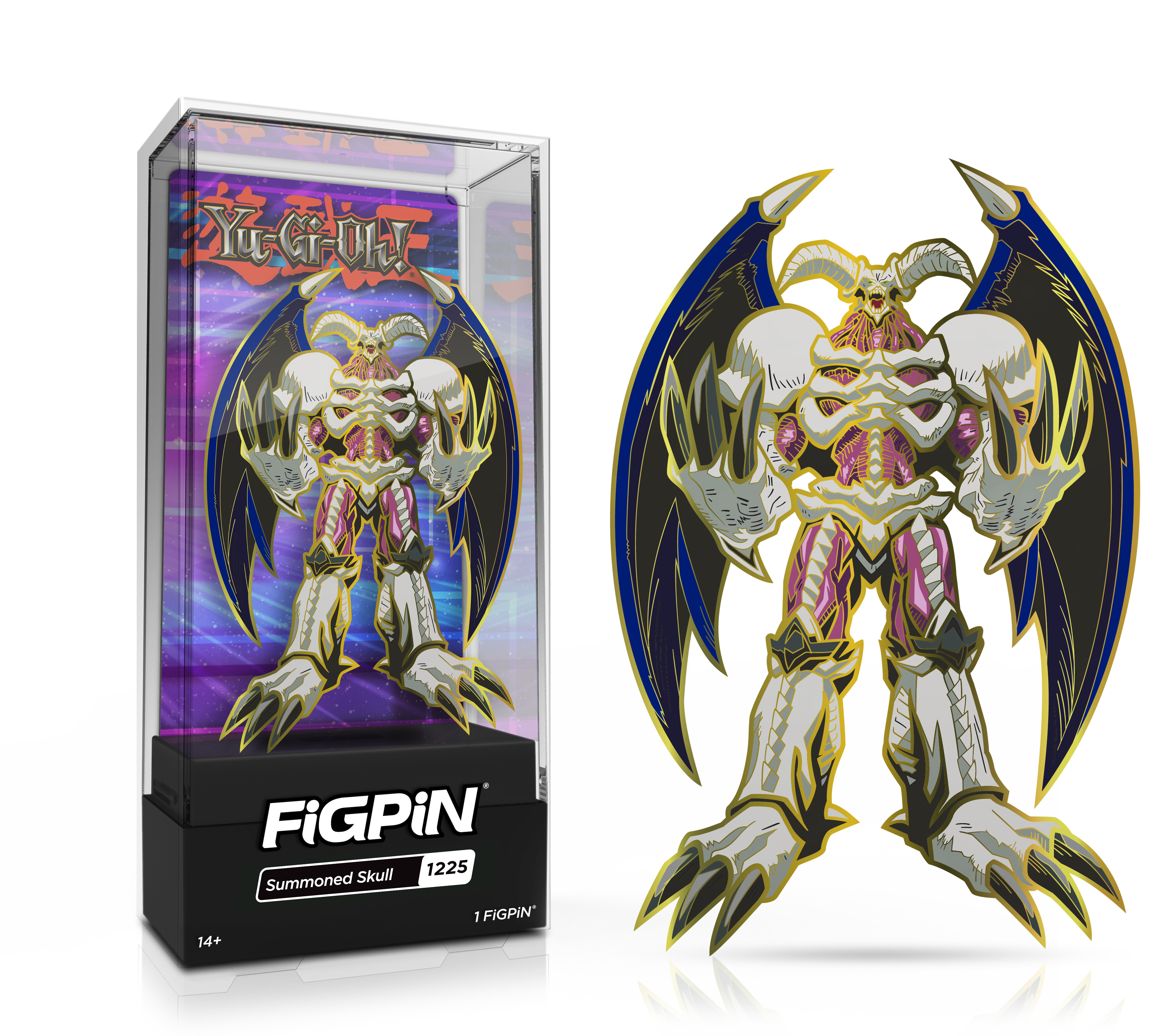 Side by side view of the Summoned Skull enamel pin in display case and the art render.