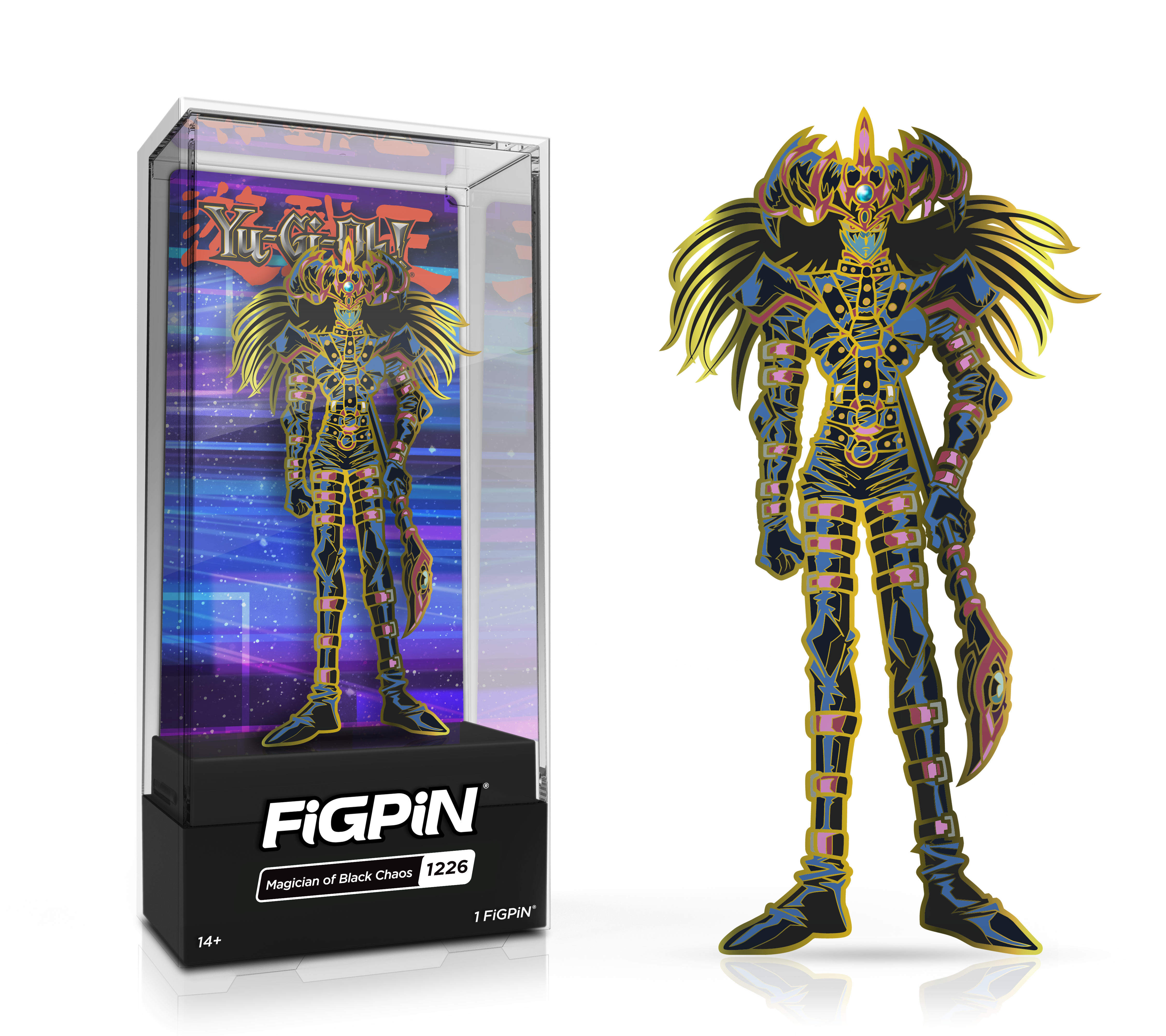 Side by side view of the Magician of Chaos enamel pin in display case and the art render.