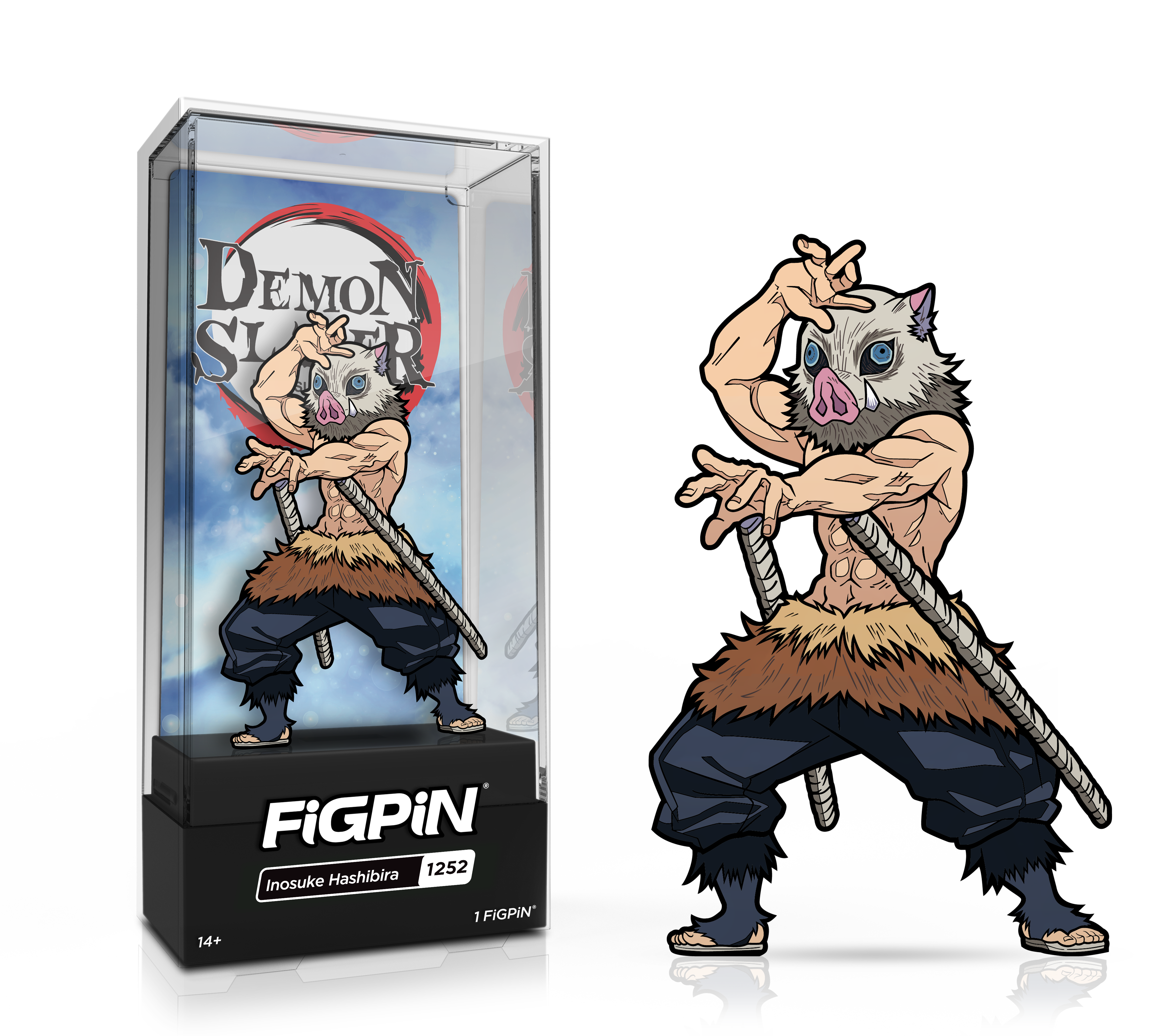 Side by side view of the Inosuke Hashibira enamel pin in display case and the art render.