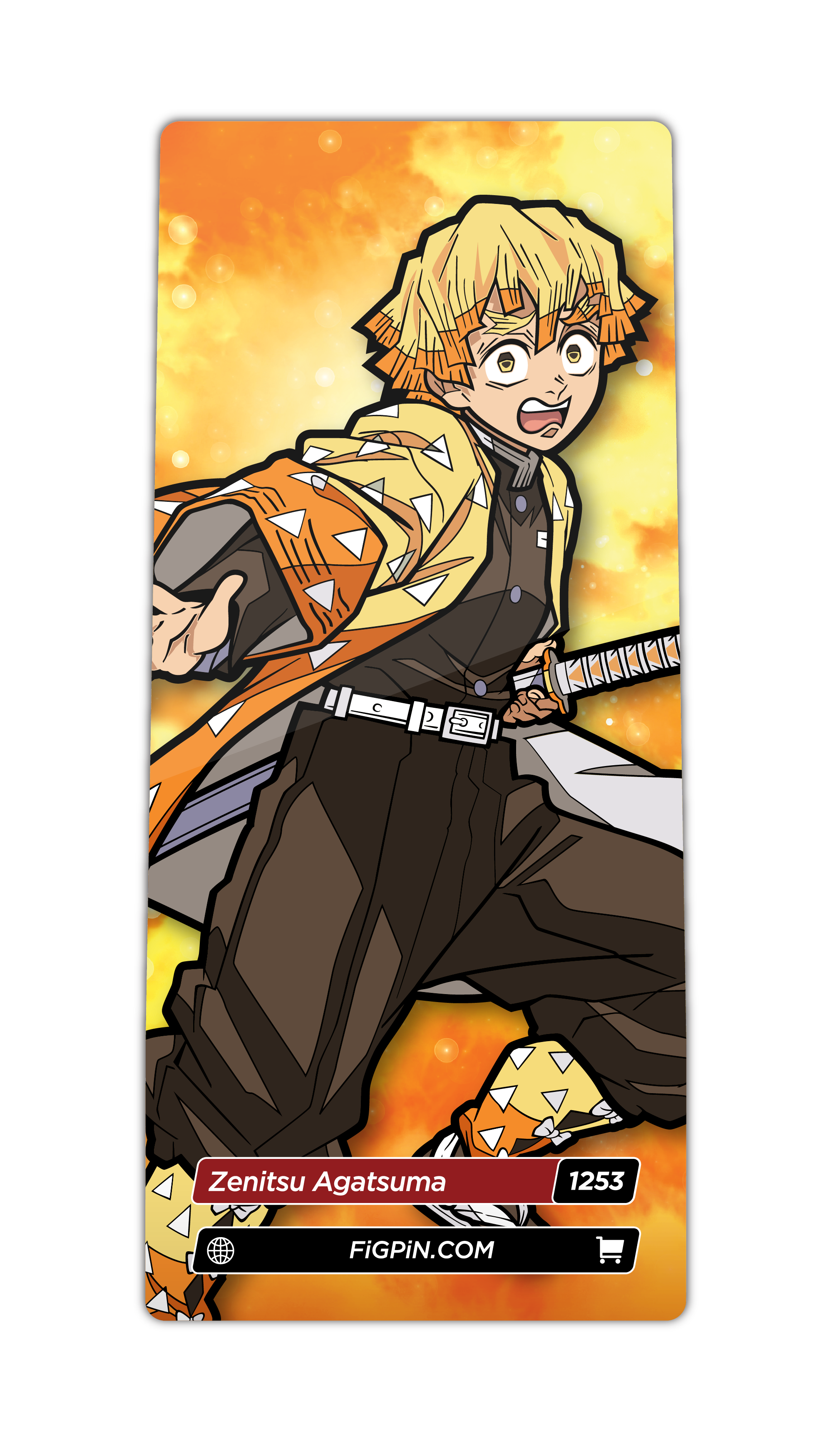 Character card of Demon Slayer's Zenitsu Agatsuma with text “Zenitsu Agatsuma (1253)” and link to FiGPiN’s website