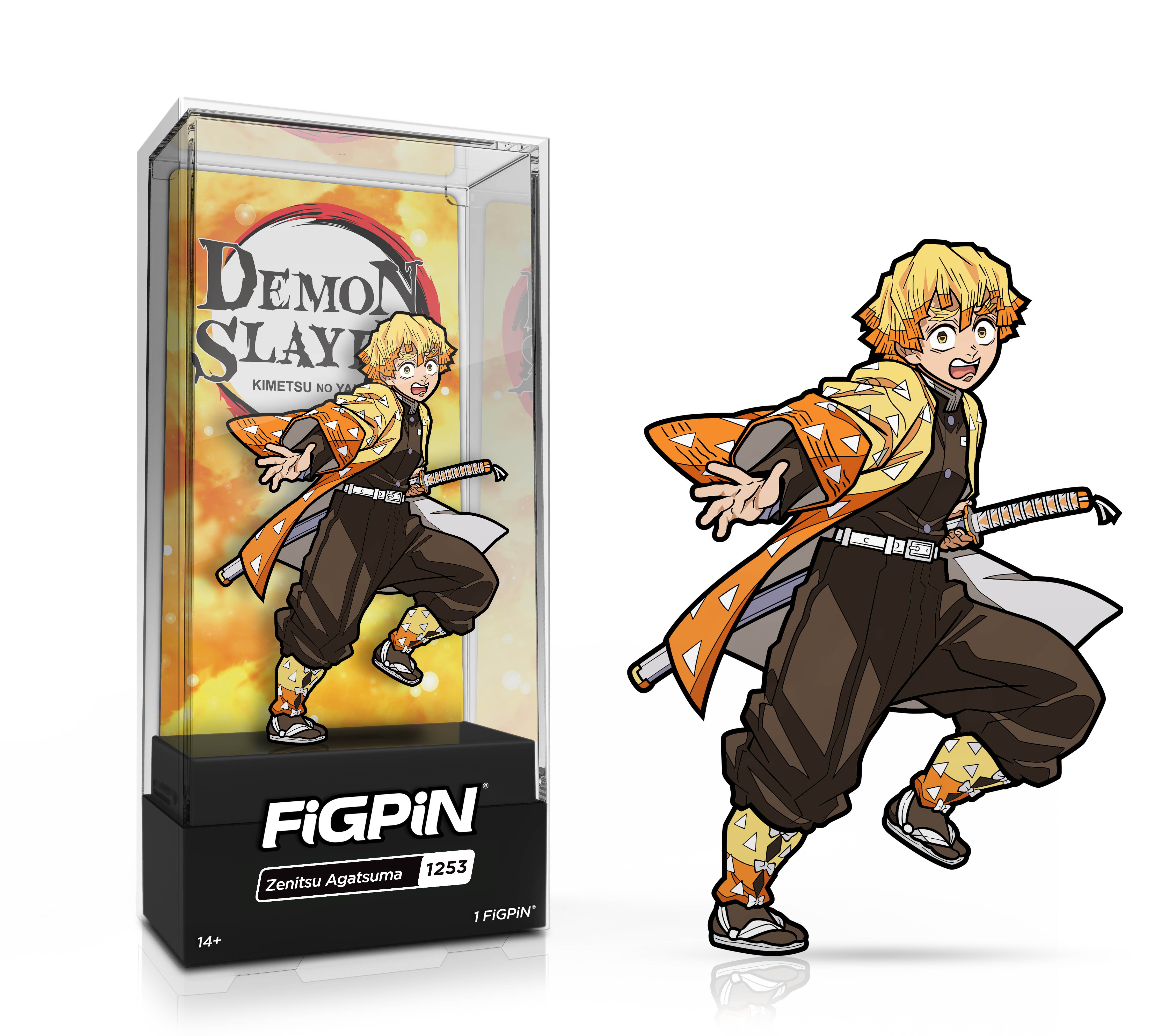Side by side view of the Zenitsu Agatsuma enamel pin in display case and the art render.