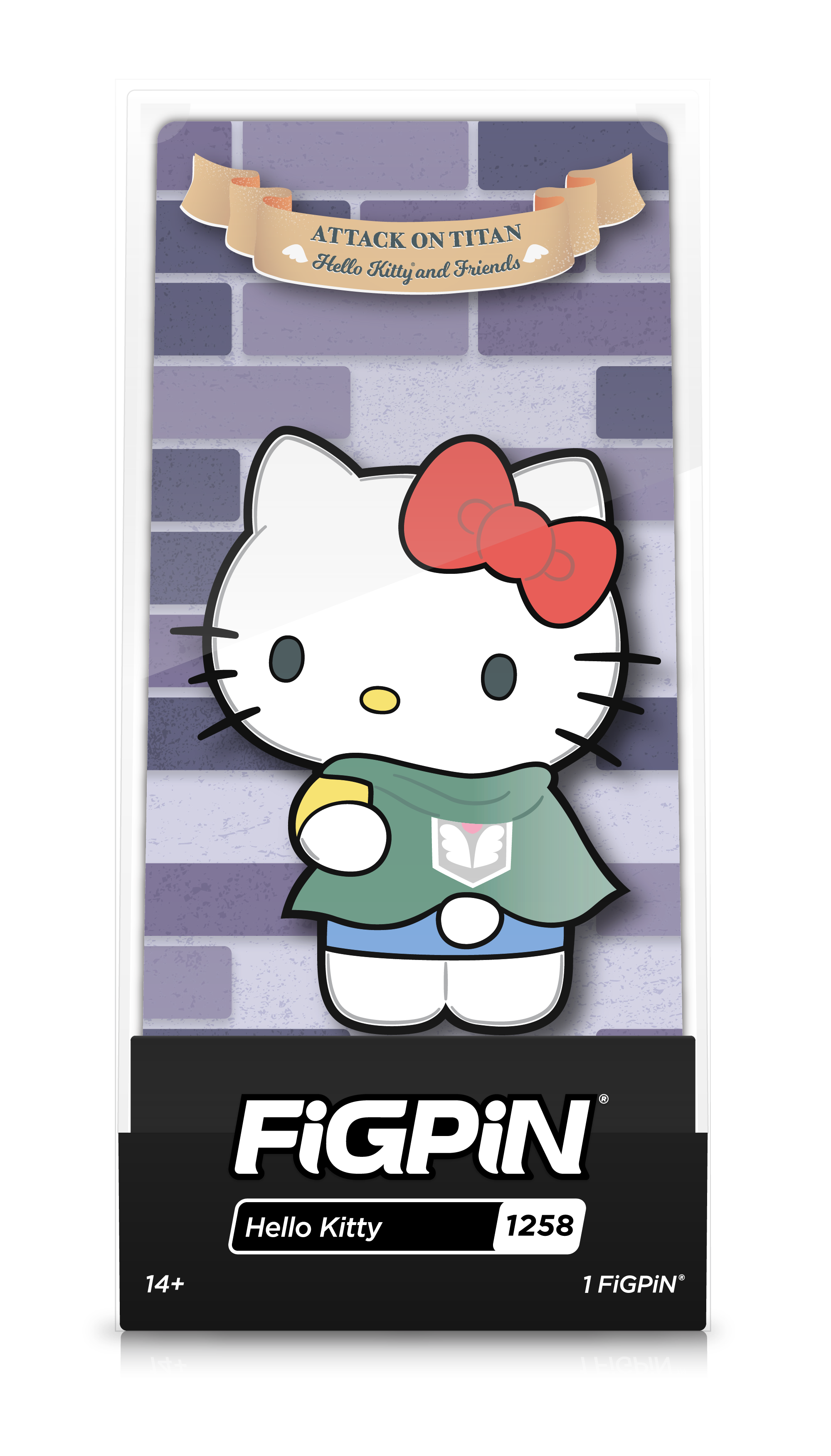 Front view of Sanrio's Hello Kitty enamel pin inside FiGPiN Display case reading “FiGPiN - Hello Kitty (1258)”